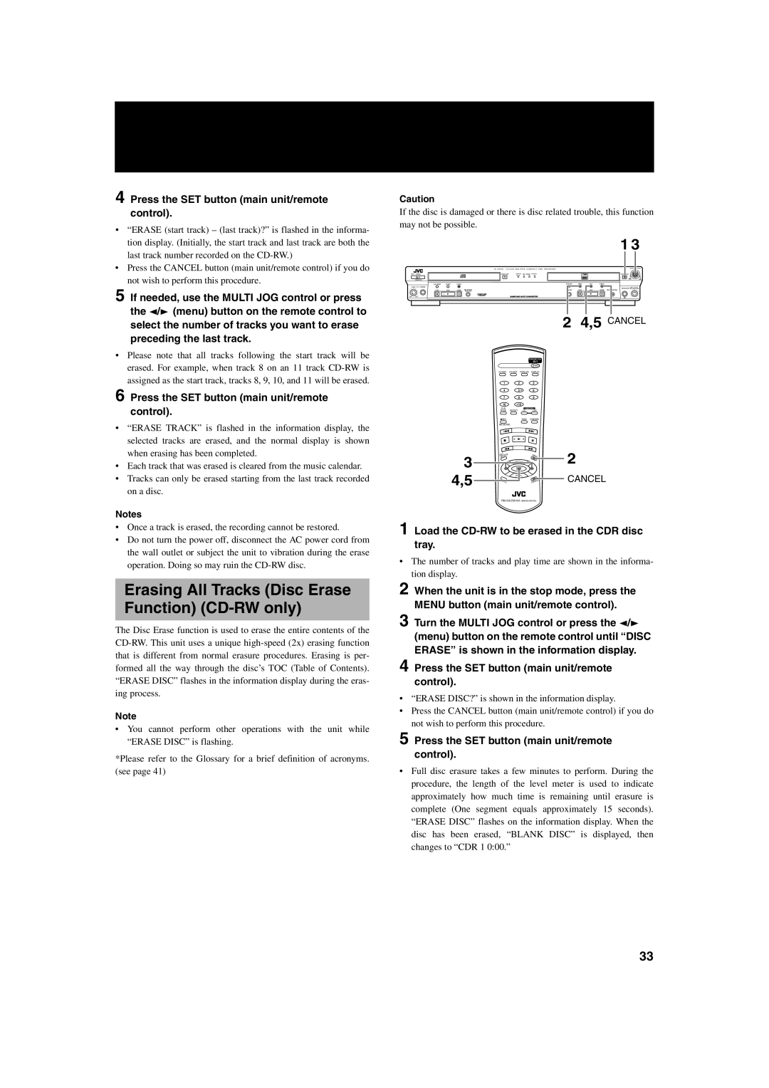 JVC XL-R2010BK manual Erasing All Tracks Disc Erase Function CD-RW only, Load the CD-RW to be erased in the CDR disc tray 