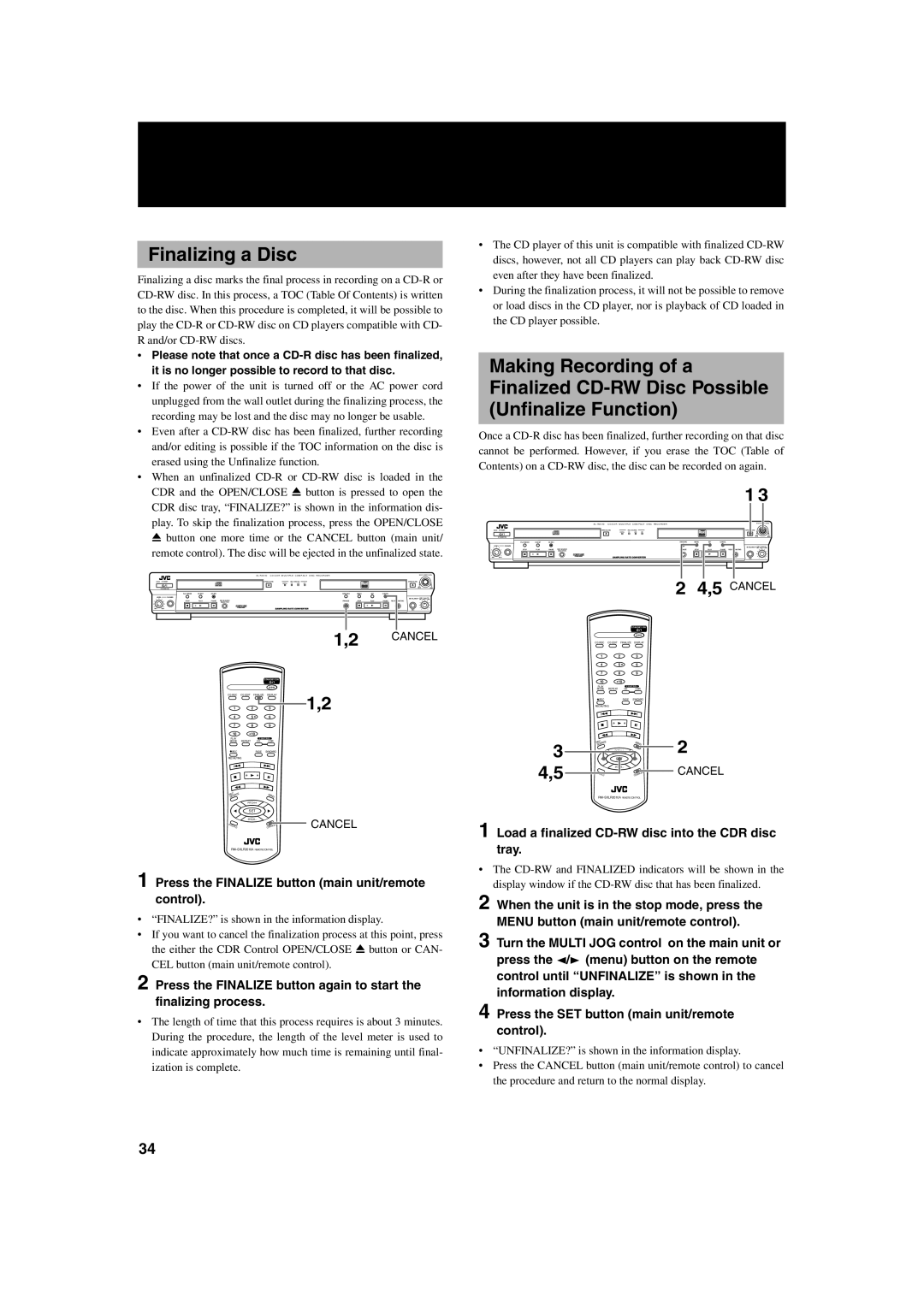 JVC XL-R2010BK manual Finalizing a Disc, Press the Finalize button main unit/remote control 