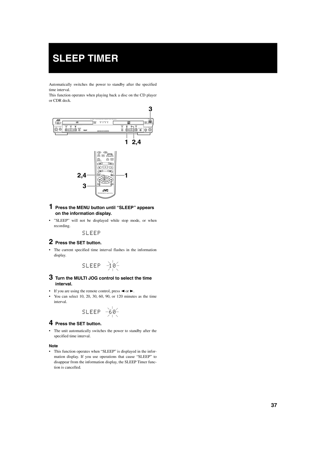 JVC XL-R2010BK manual Sleep Timer, Turn the Multi JOG control to select the time interval 