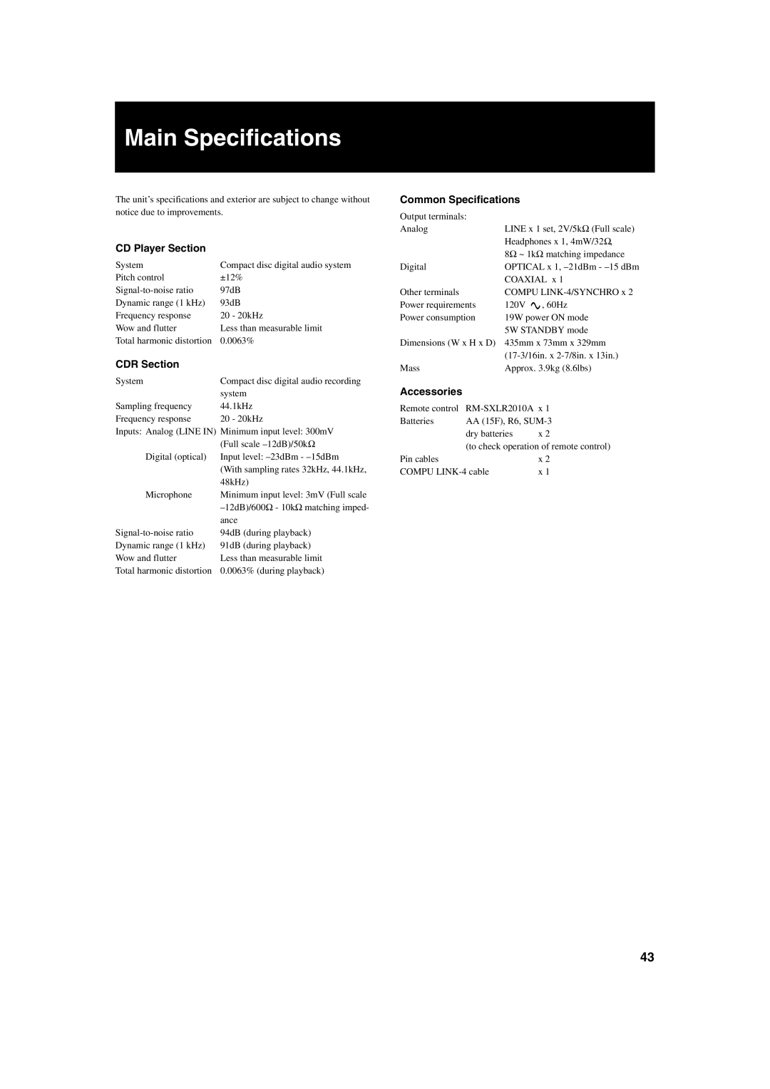 JVC XL-R2010BK manual Main Specifications, CD Player Section, CDR Section, Common Specifications, Accessories 