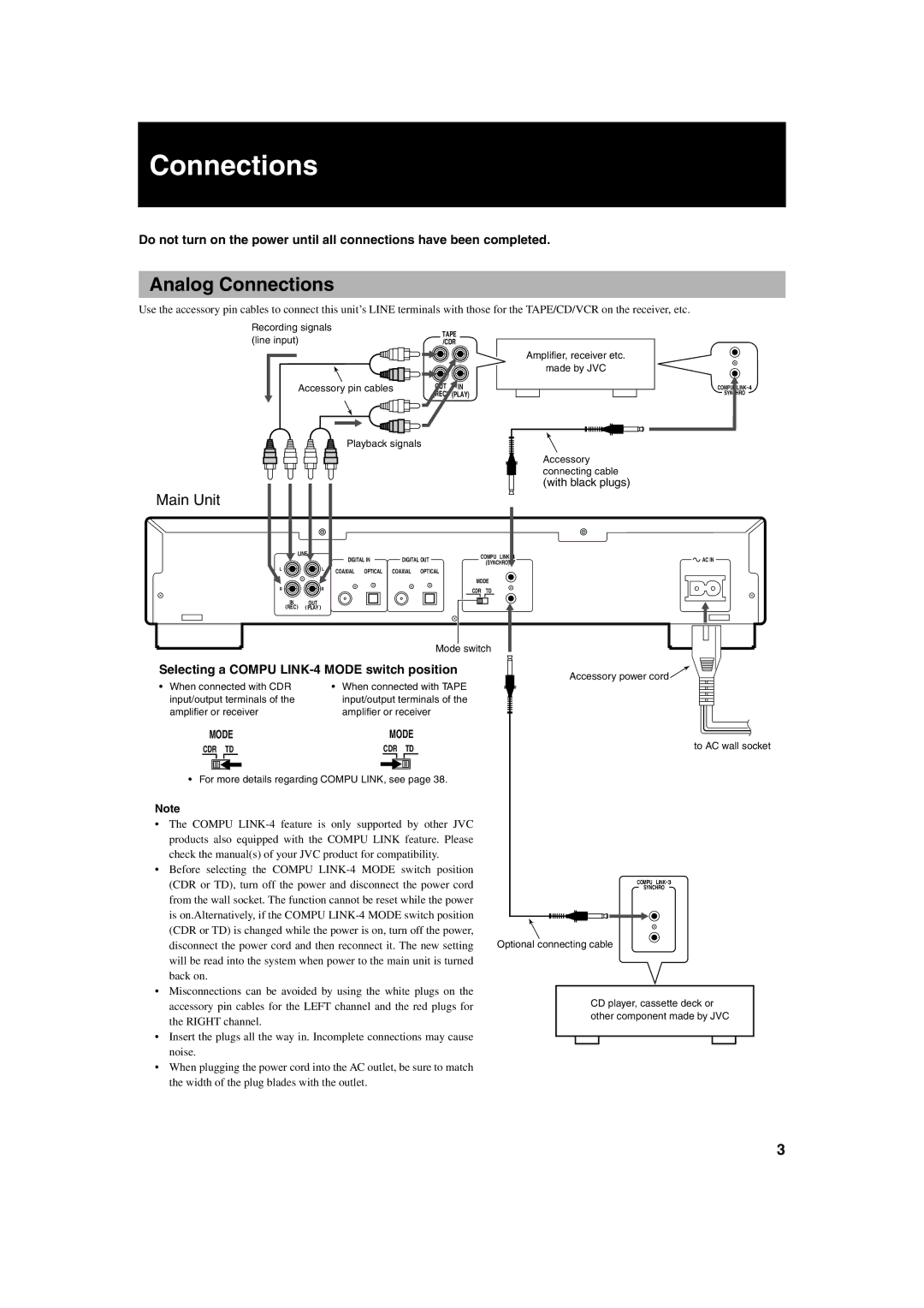 JVC XL-R2010BK manual Analog Connections, Selecting a Compu LINK-4 Mode switch position 