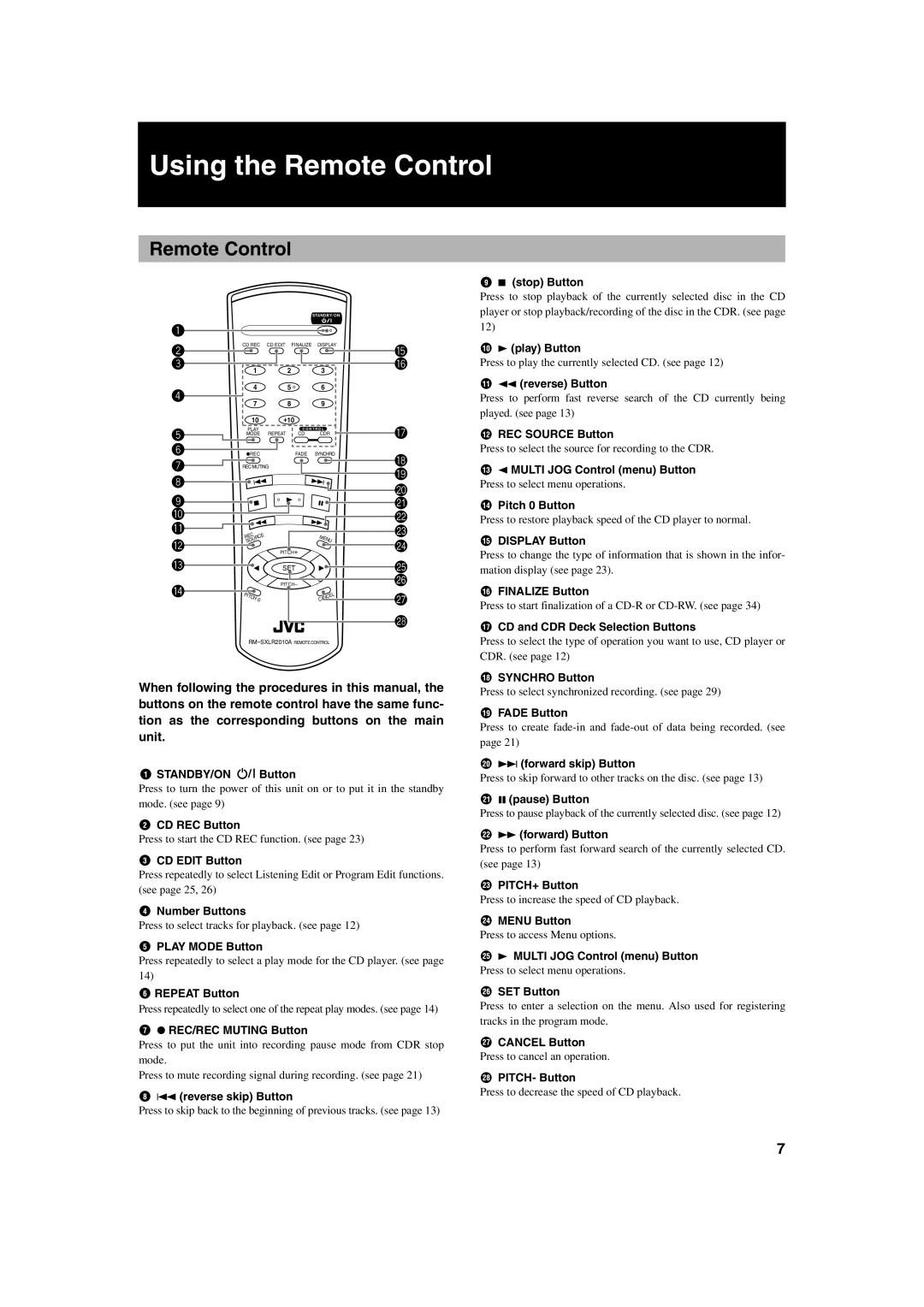 JVC XL-R2010BK manual Using the Remote Control 