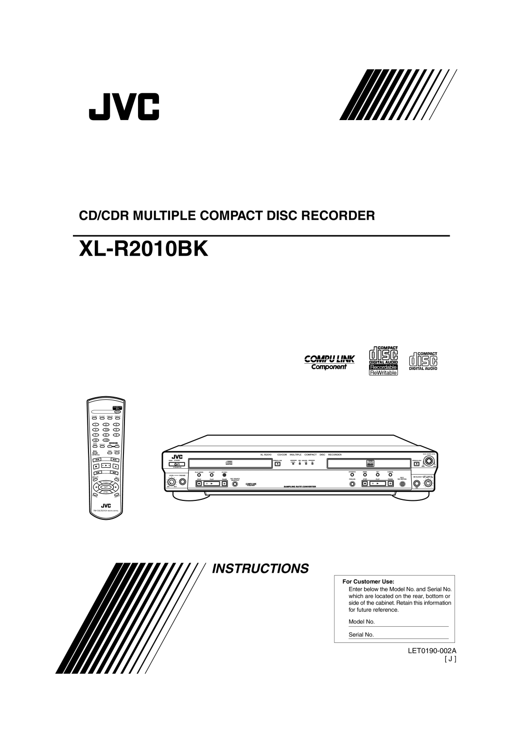 JVC XL-R2010BK manual Cd/Cdr Multiple Compact Disc Recorder, Instructions, LET0190-002A J, For Customer Use 