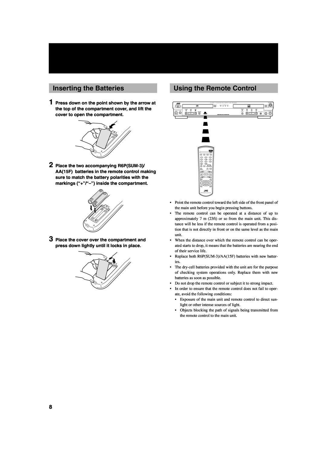JVC XL-R2010BK manual Inserting the Batteries, Using the Remote Control 