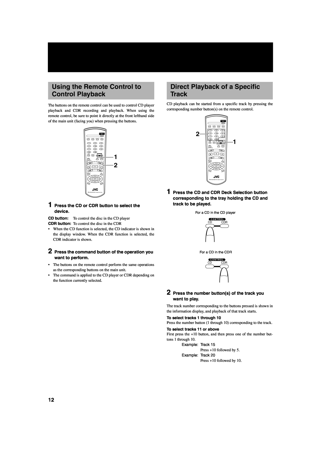 JVC XL-R2010BK manual Using the Remote Control to Control Playback, Direct Playback of a Specific Track 