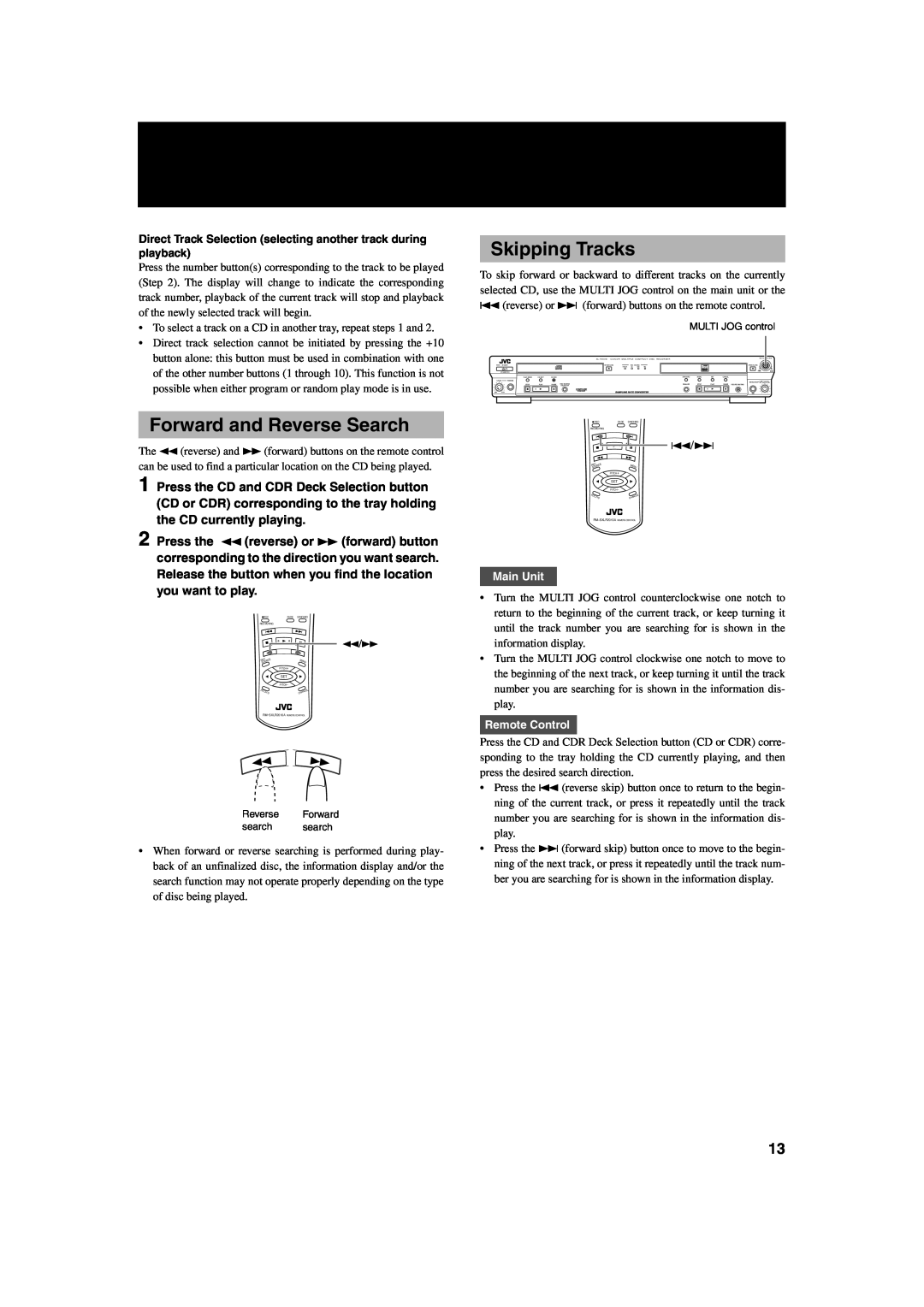JVC XL-R2010BK manual Forward and Reverse Search, Skipping Tracks, Main Unit, Remote Control 