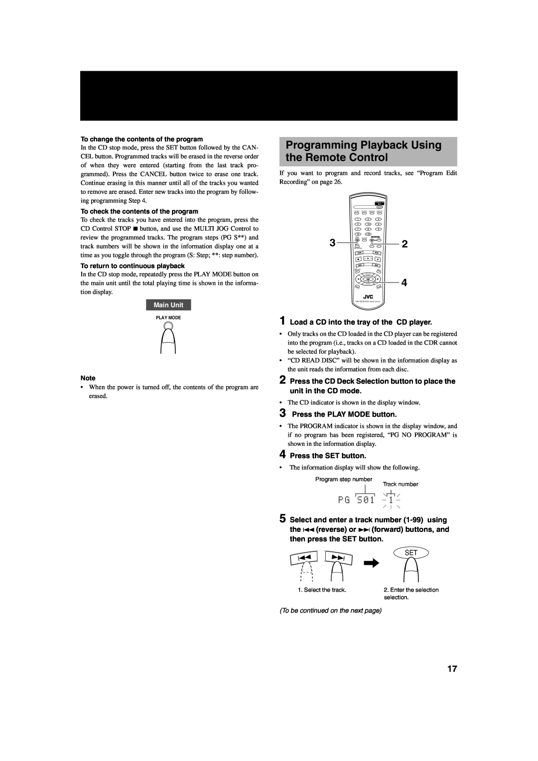 JVC XL-R2010BK manual Programming Playback Using the Remote Control, To change the contents of the program, Main Unit 