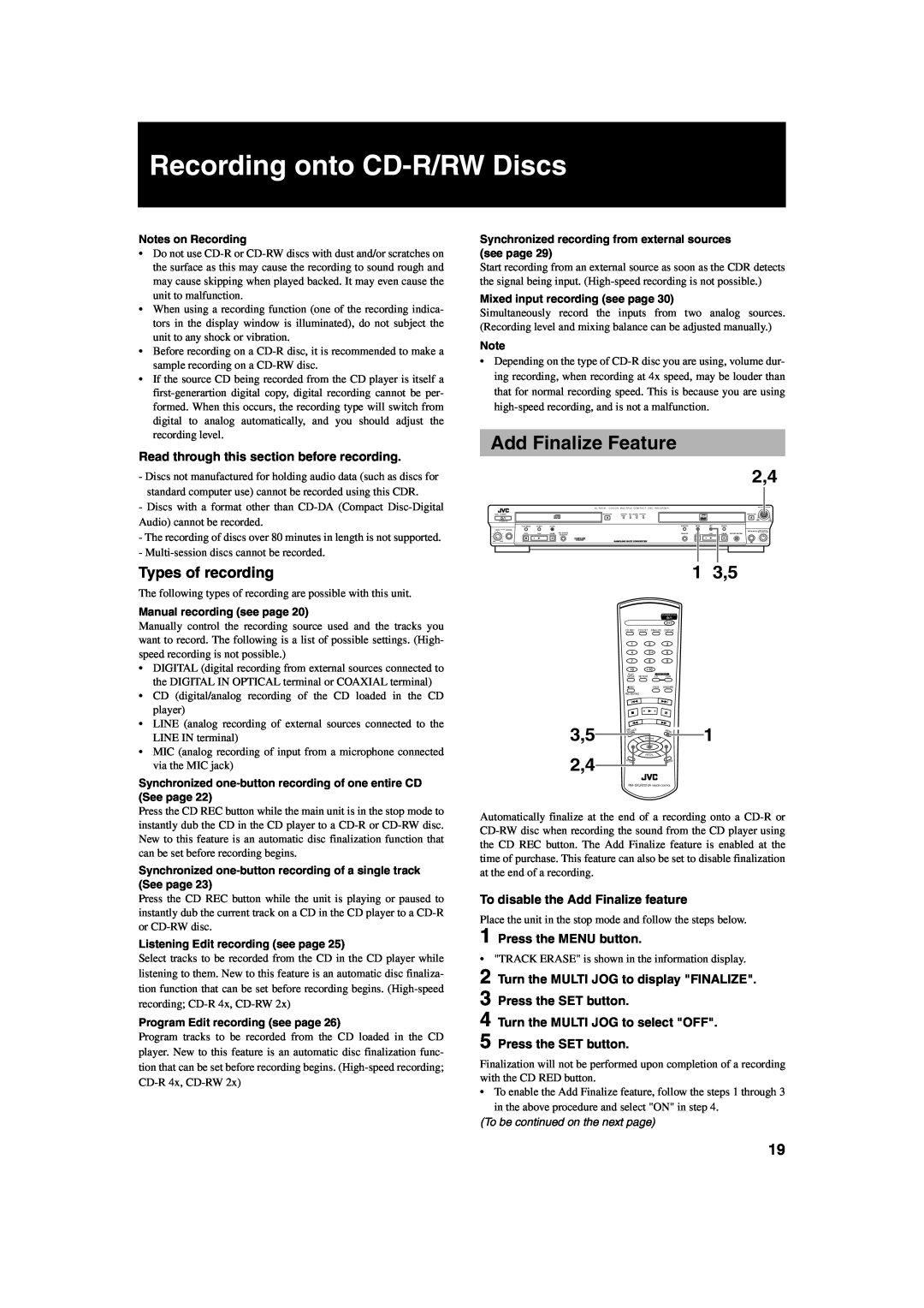 JVC XL-R2010BK manual Recording onto CD-R/RWDiscs, Add Finalize Feature, Types of recording, Notes on Recording 