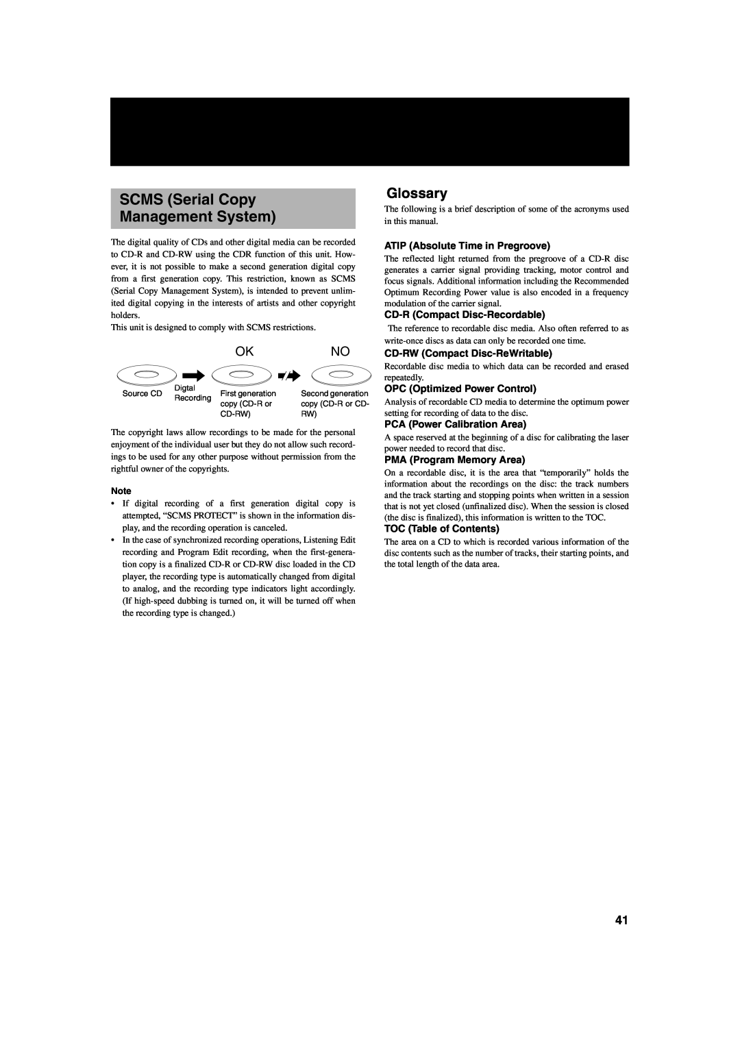 JVC XL-R2010BK manual SCMS Serial Copy Management System, Glossary 