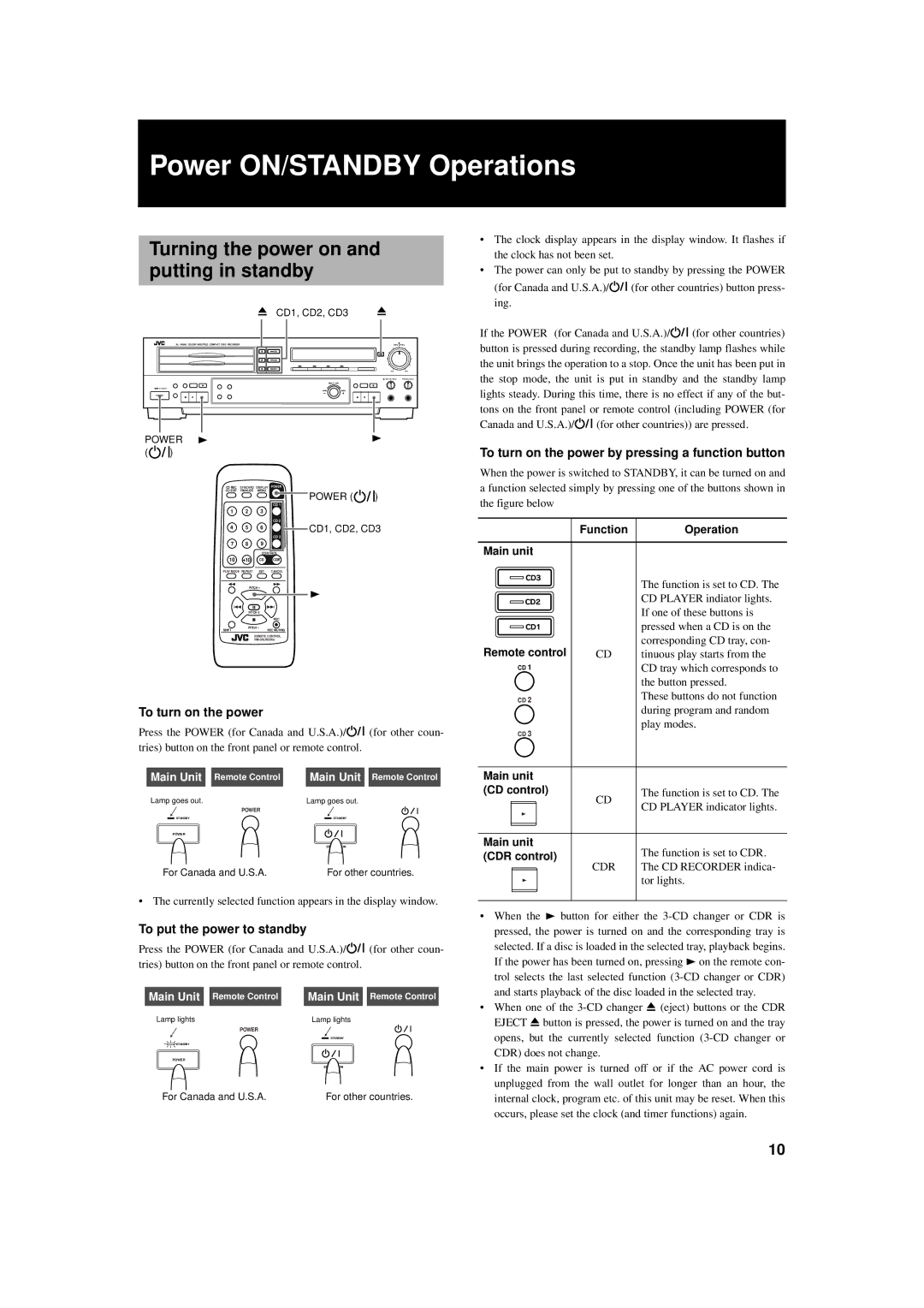 JVC XL-R5000BK manual Power ON/STANDBY Operations, Turning the power on and putting in standby, To turn on the power 