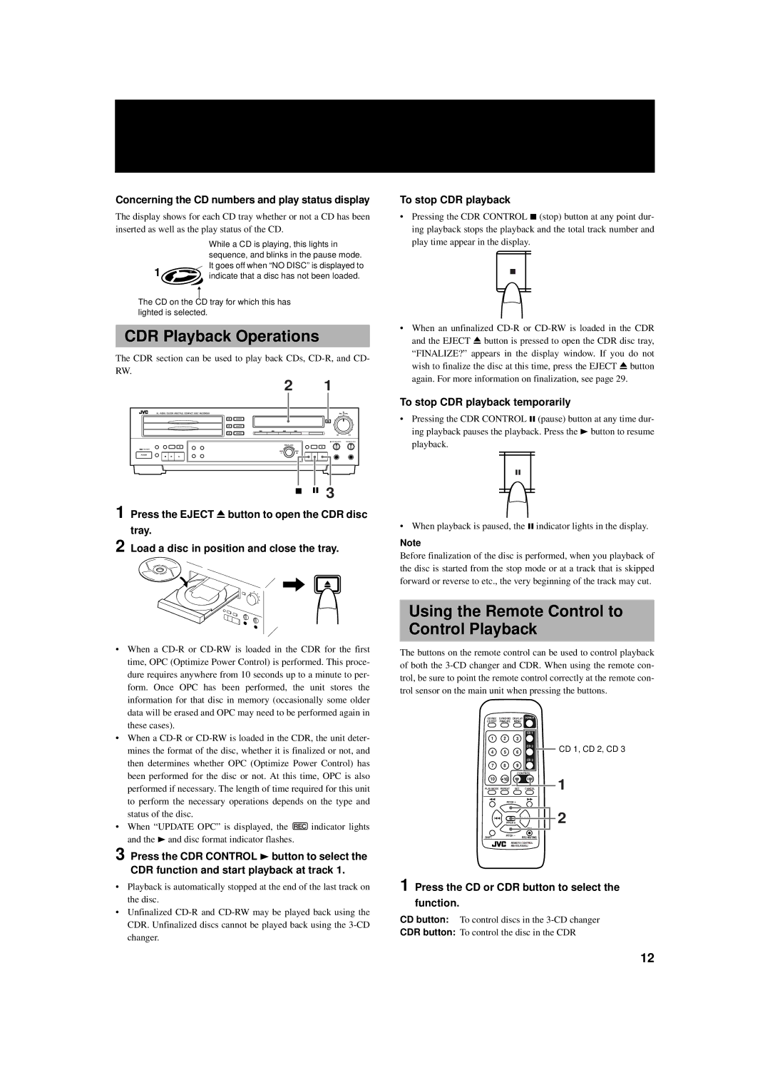 JVC XL-R5000BK manual CDR Playback Operations, Using the Remote Control to Control Playback 