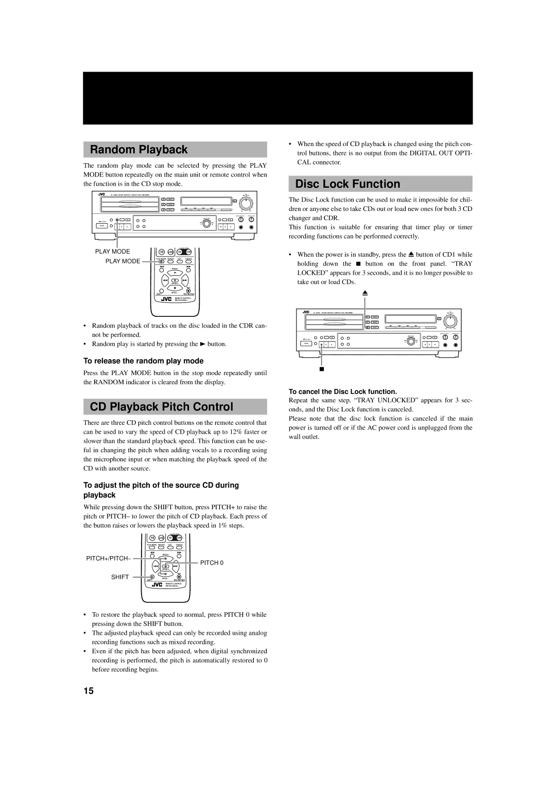 JVC XL-R5000BK manual Random Playback, CD Playback Pitch Control, Disc Lock Function, To release the random play mode 