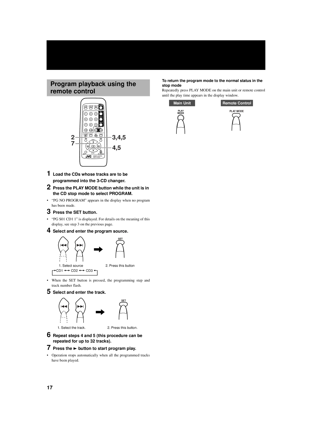 JVC XL-R5000BK manual Program playback using the remote control, Select and enter the track 