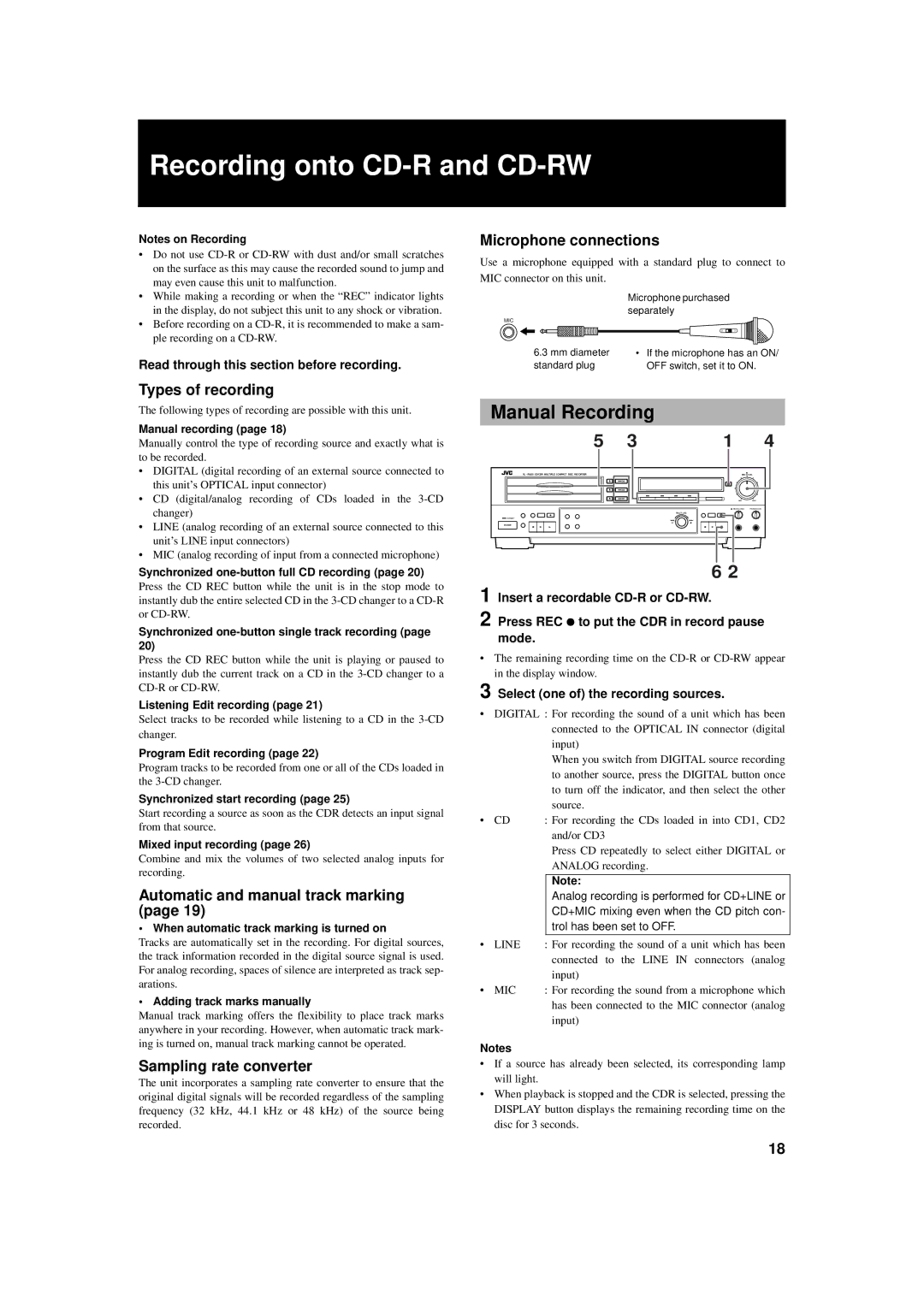 JVC XL-R5000BK manual Recording onto CD-R and CD-RW, Manual Recording, Read through this section before recording 