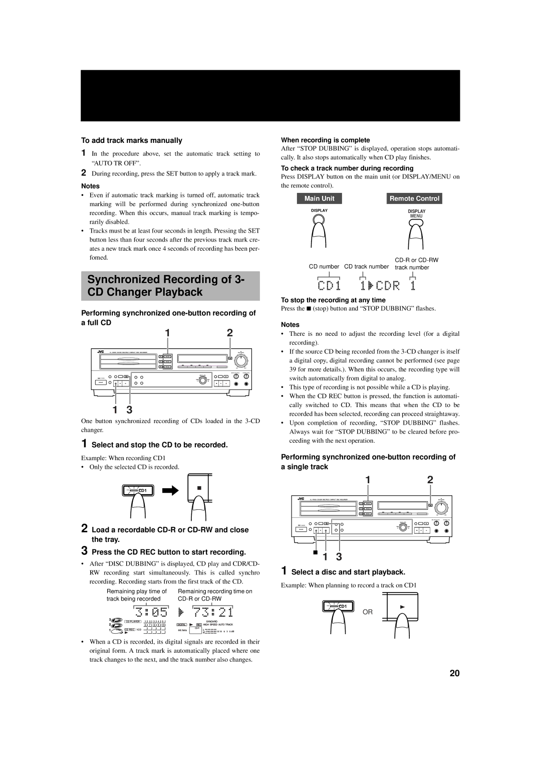 JVC XL-R5000BK Synchronized Recording of 3- CD Changer Playback, To add track marks manually 