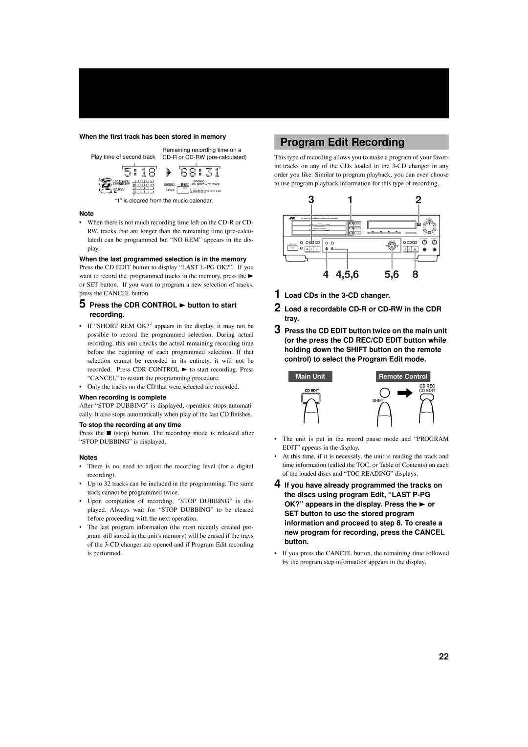 JVC XL-R5000BK manual Program Edit Recording, Press the CDR Control 3 button to start recording 