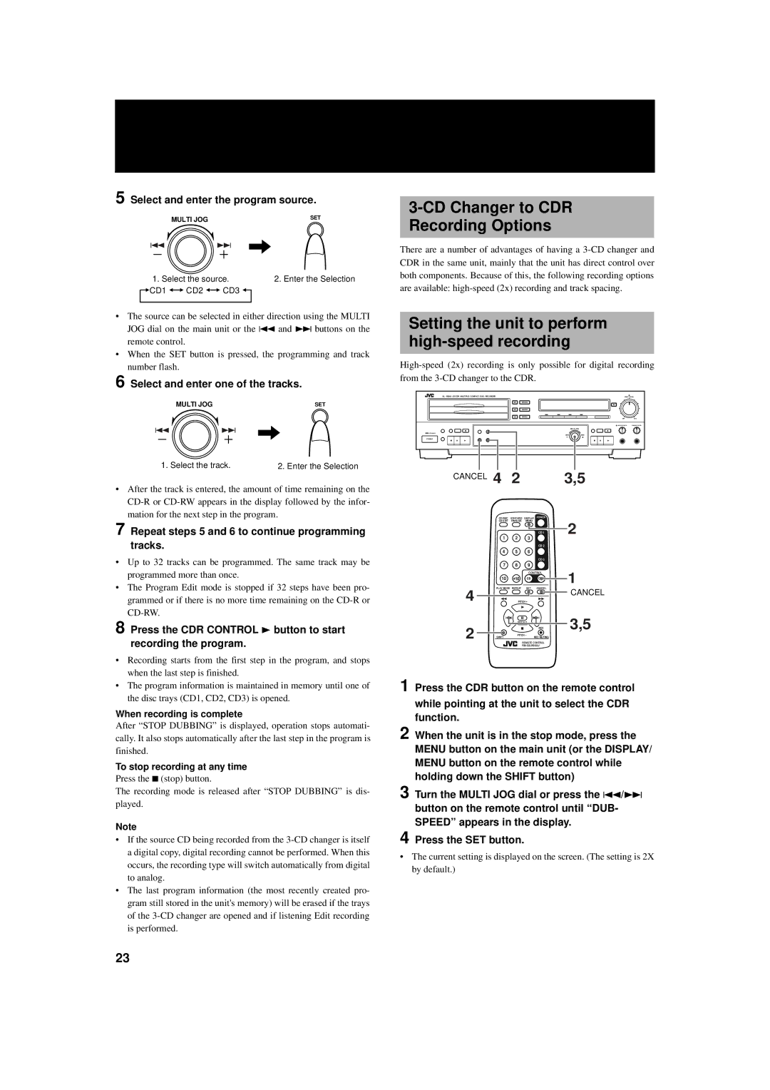 JVC XL-R5000BK manual CD Changer to CDR Recording Options, Setting the unit to perform high-speed recording 