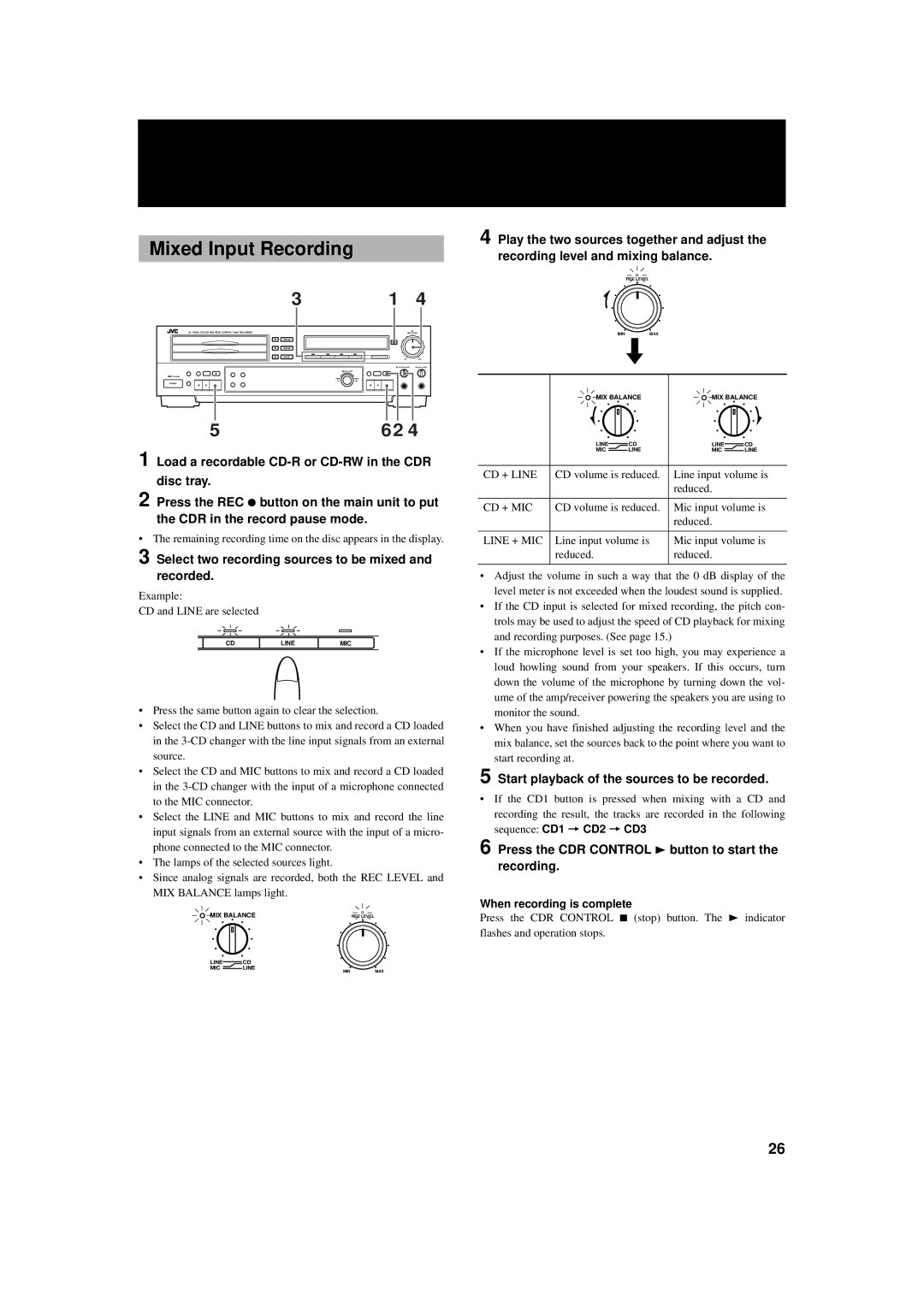 JVC XL-R5000BK manual Mixed Input Recording, Select two recording sources to be mixed and recorded 