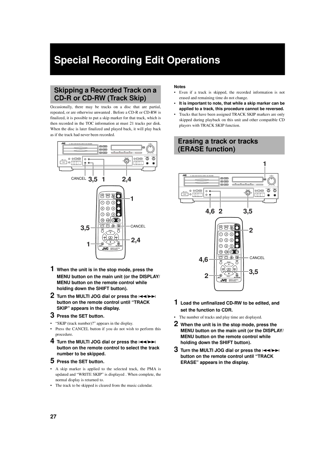 JVC XL-R5000BK manual Special Recording Edit Operations, Skipping a Recorded Track on a CD-R or CD-RW Track Skip 