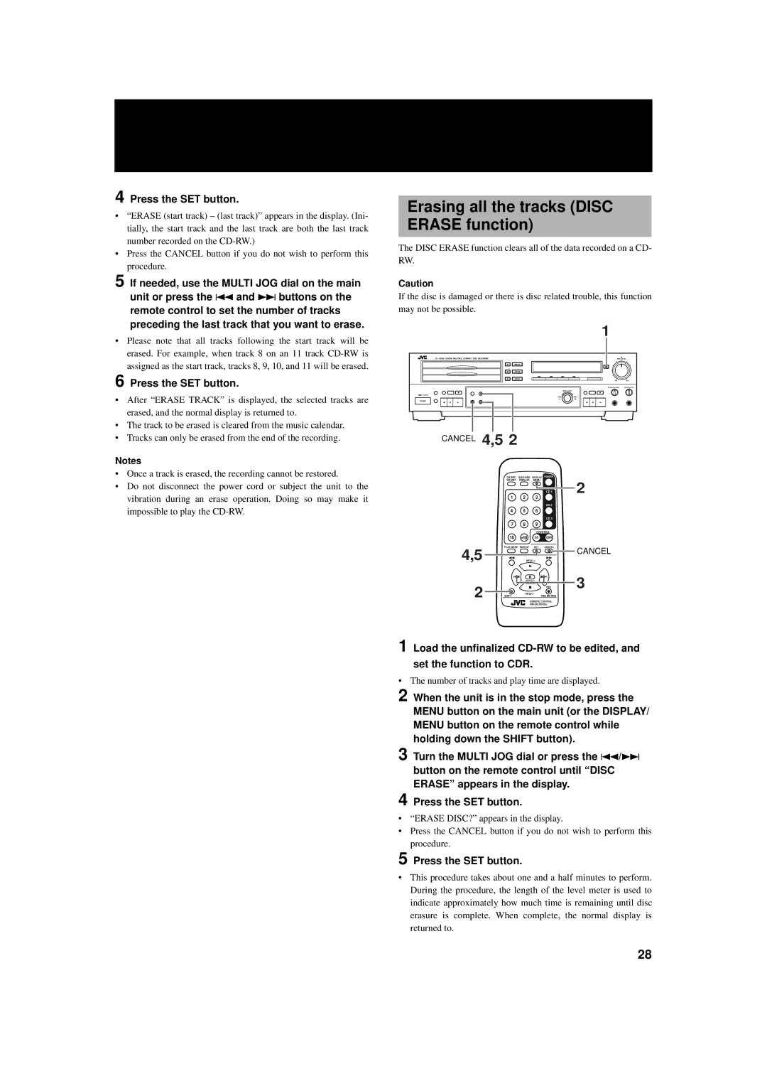 JVC XL-R5000BK manual Erasing all the tracks Disc Erase function 