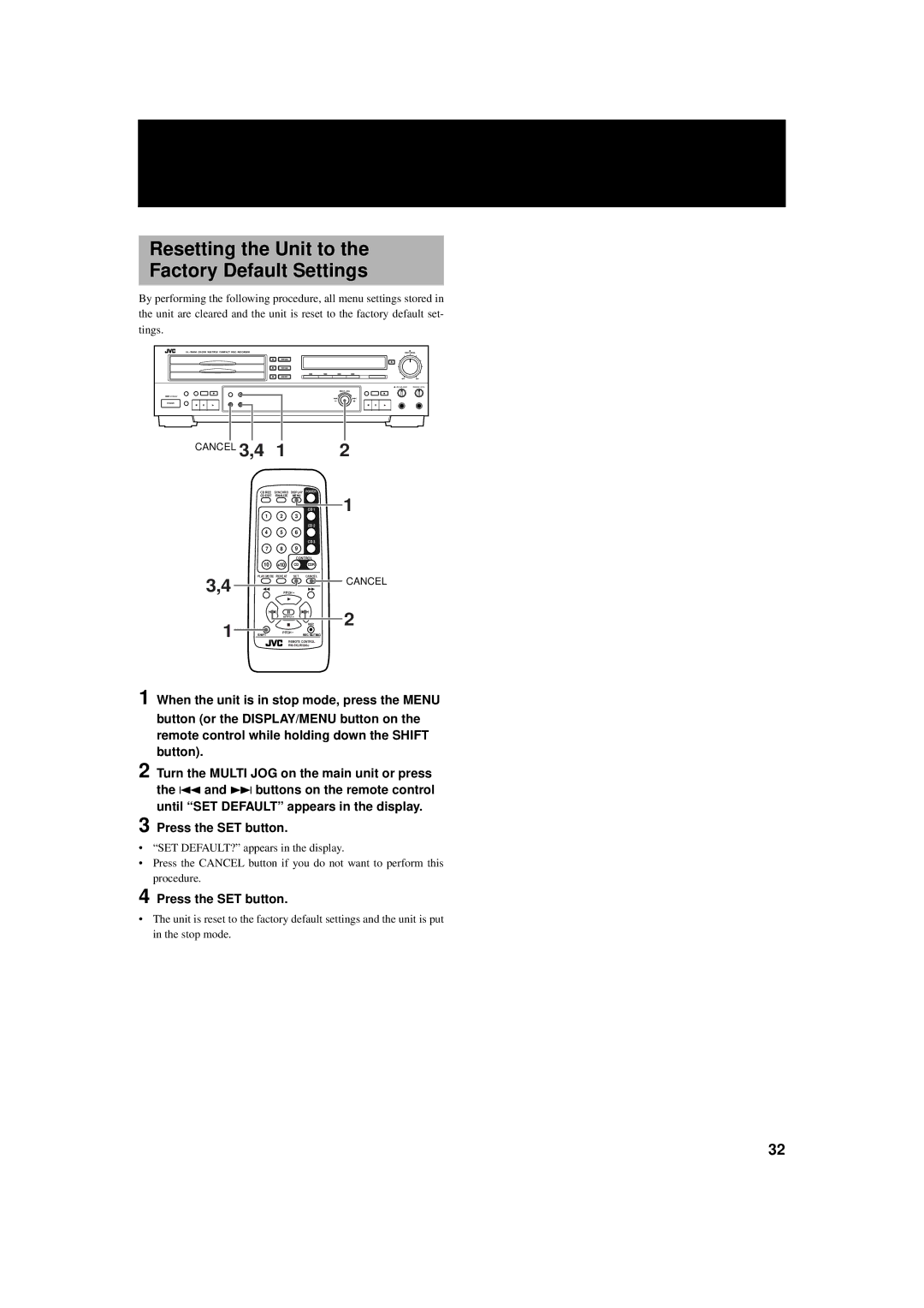 JVC XL-R5000BK manual Resetting the Unit to Factory Default Settings, Cancel 3,4 