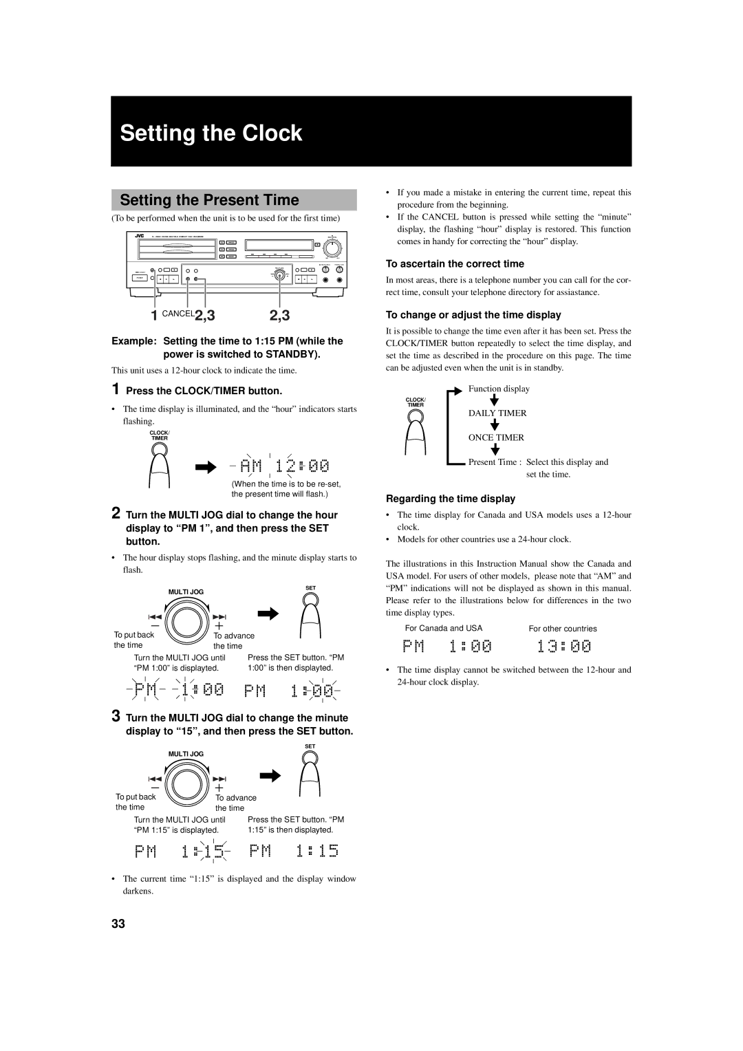 JVC XL-R5000BK manual Setting the Clock, Setting the Present Time 