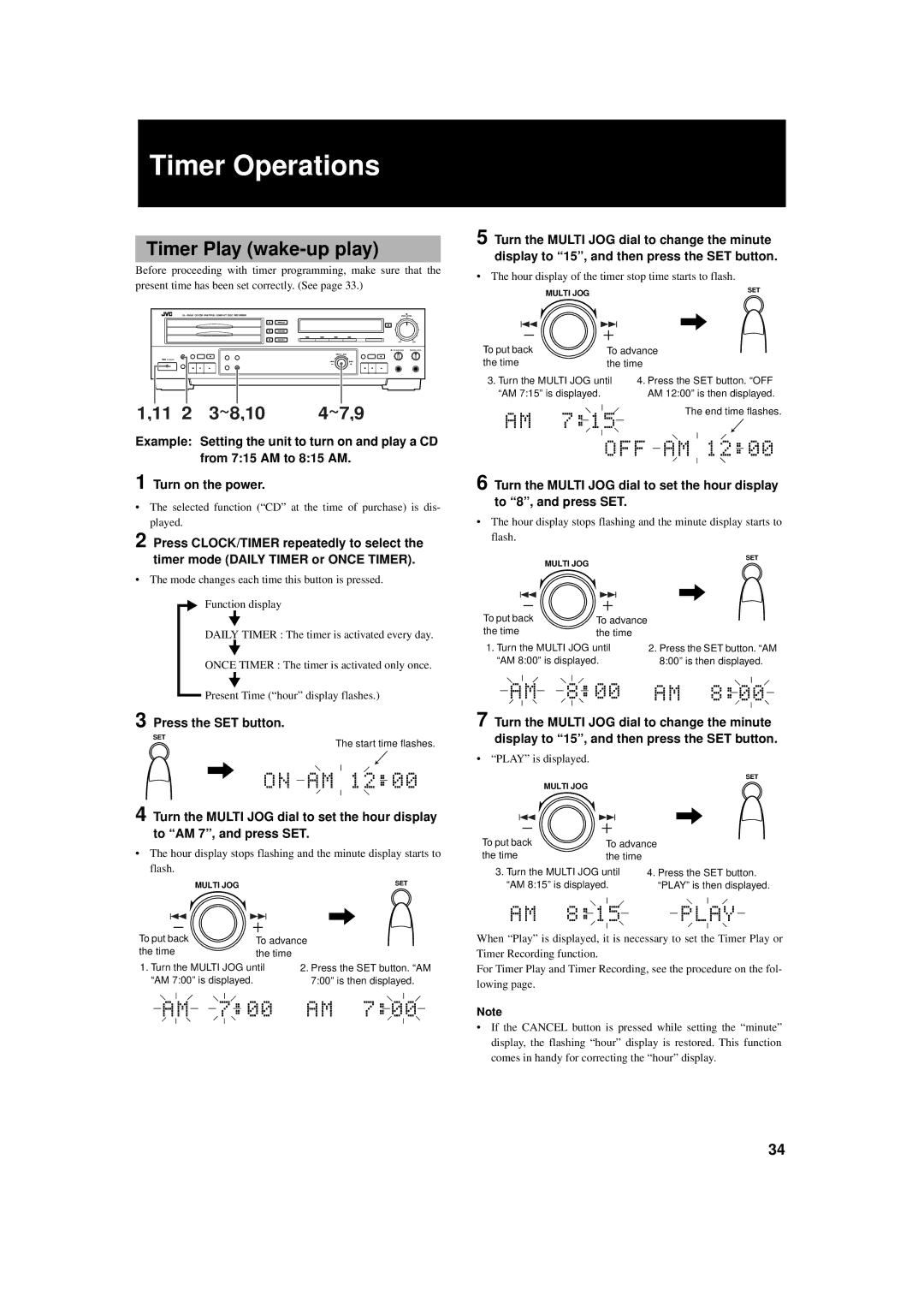 JVC XL-R5000BK manual Timer Operations, Timer Play wake-up play 