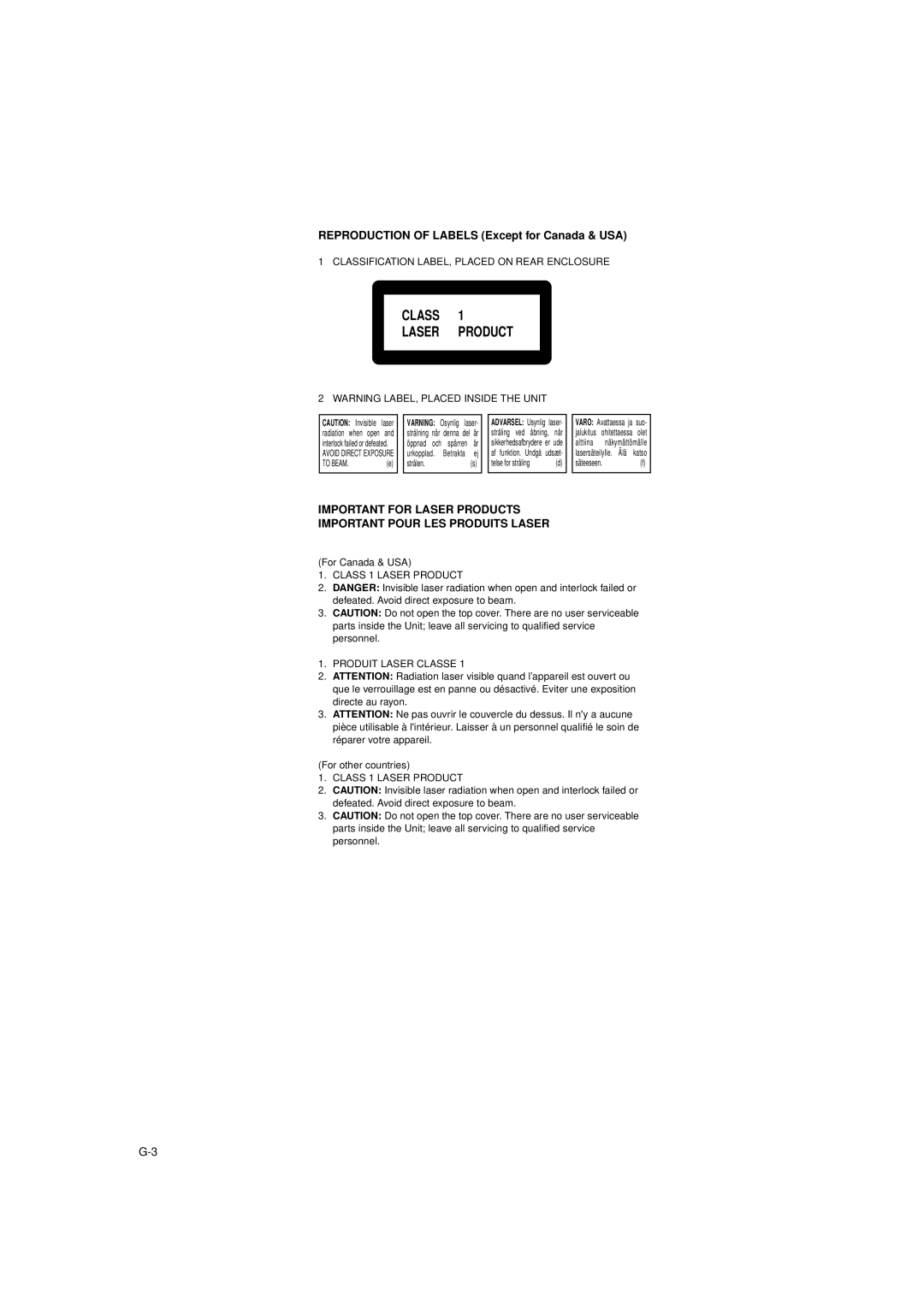 JVC XL-R5000BK manual Class Laser Product, Reproduction of Labels Except for Canada & USA 