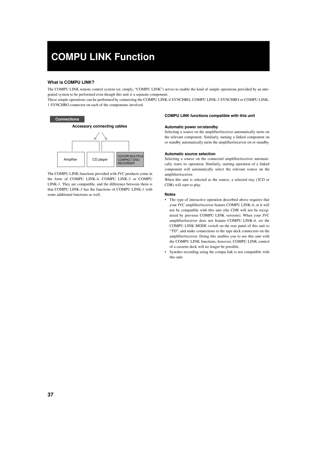 JVC XL-R5000BK manual Compu Link Function, What is Compu LINK?, Accessory connecting cables, Automatic source selection 