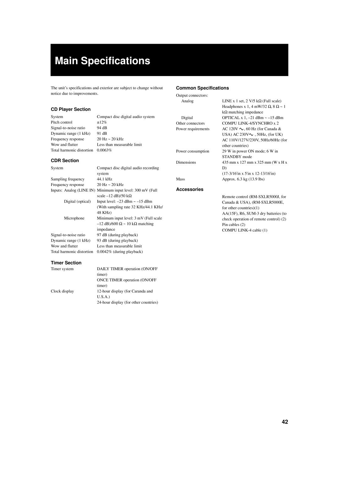 JVC XL-R5000BK manual Main Specifications 