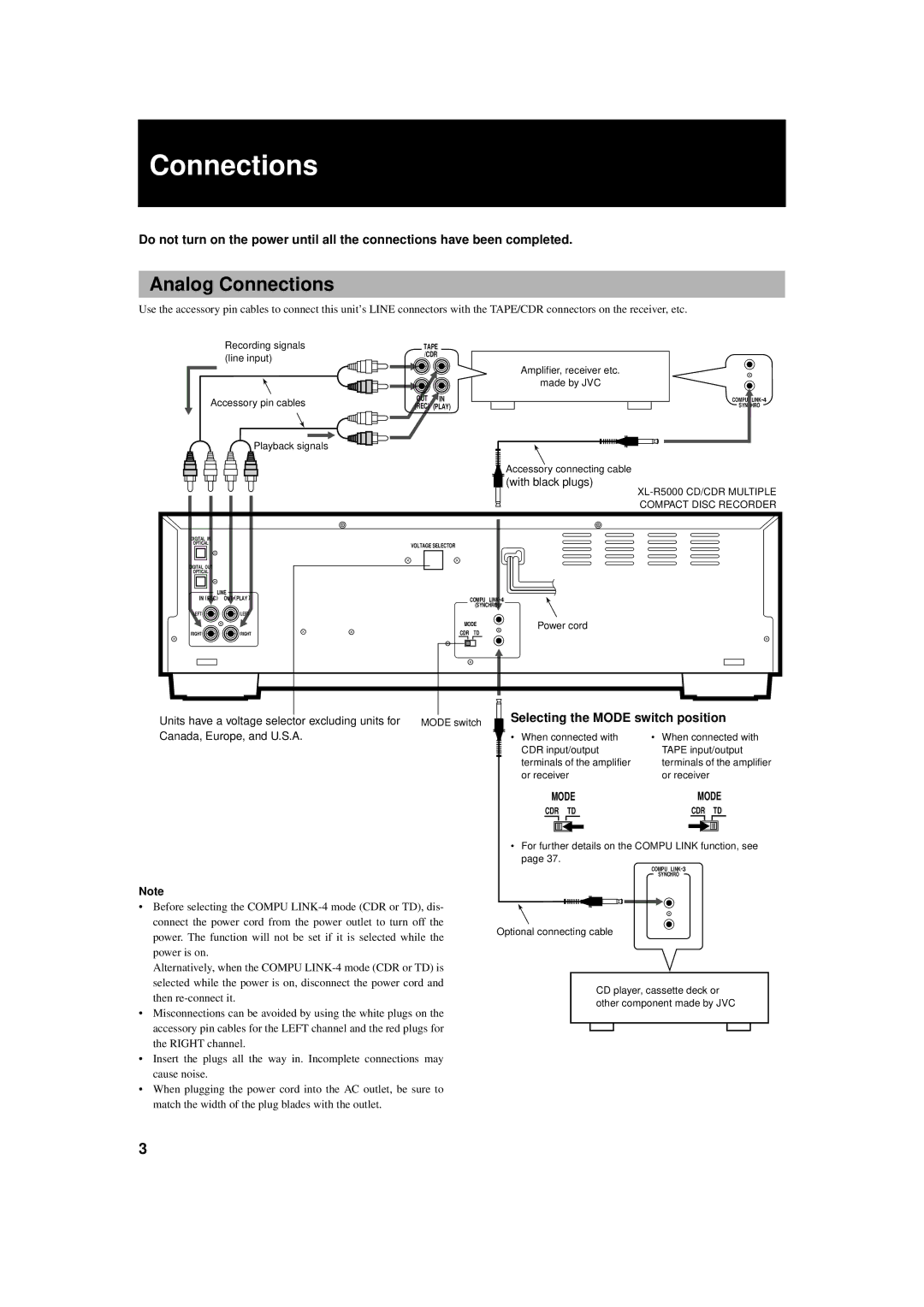 JVC XL-R5000BK manual Analog Connections, Selecting the Mode switch position 