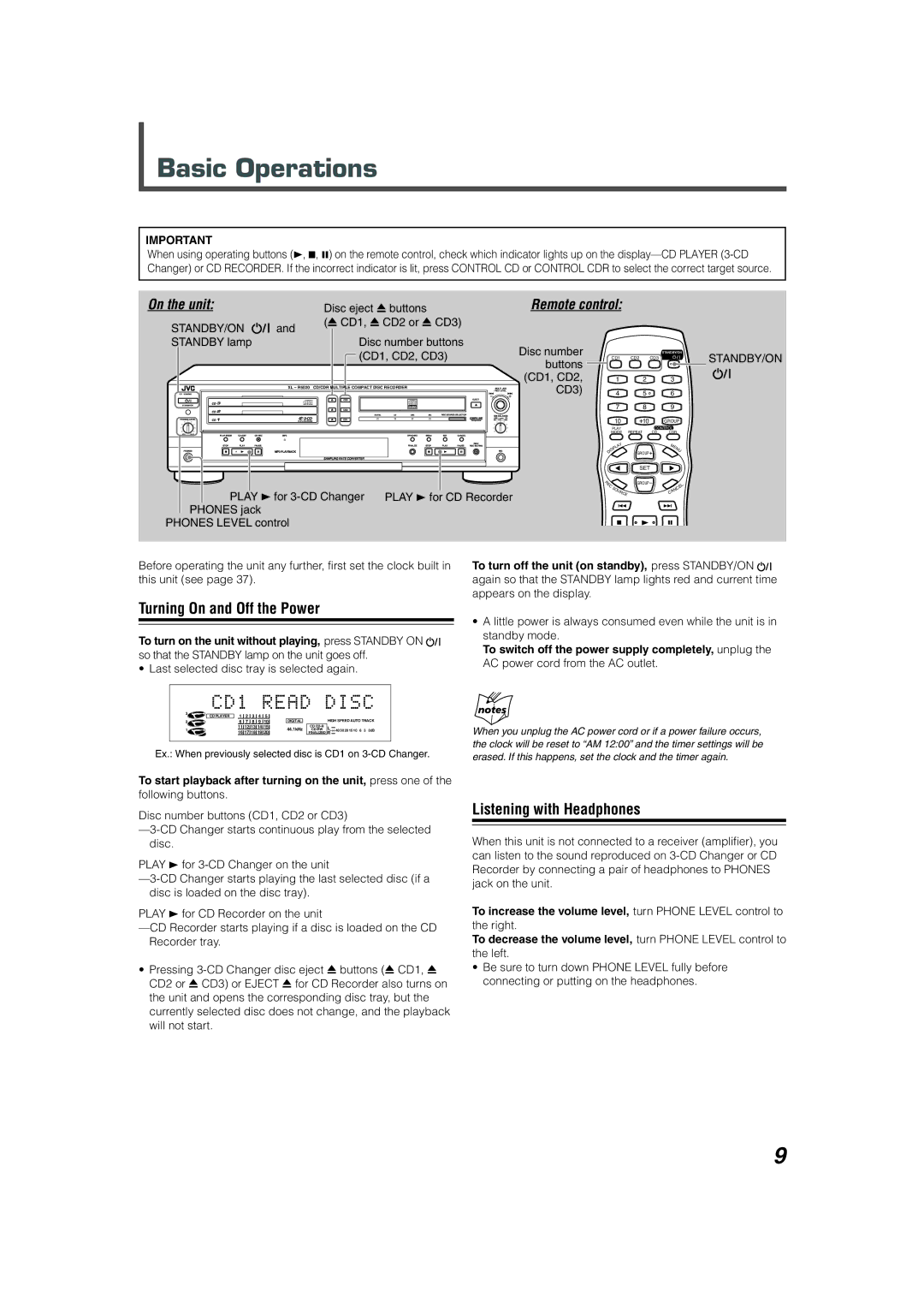 JVC XL-R5020BK manual Basic Operations, Turning On and Off the Power, Listening with Headphones, Play 