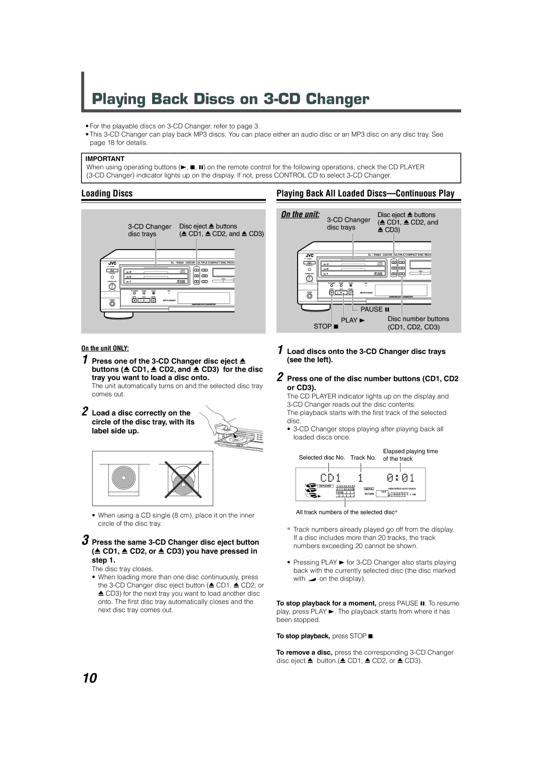 JVC XL-R5020BK manual Playing Back Discs on 3-CD Changer, Loading Discs, Playing Back All Loaded Discs-Continuous Play 