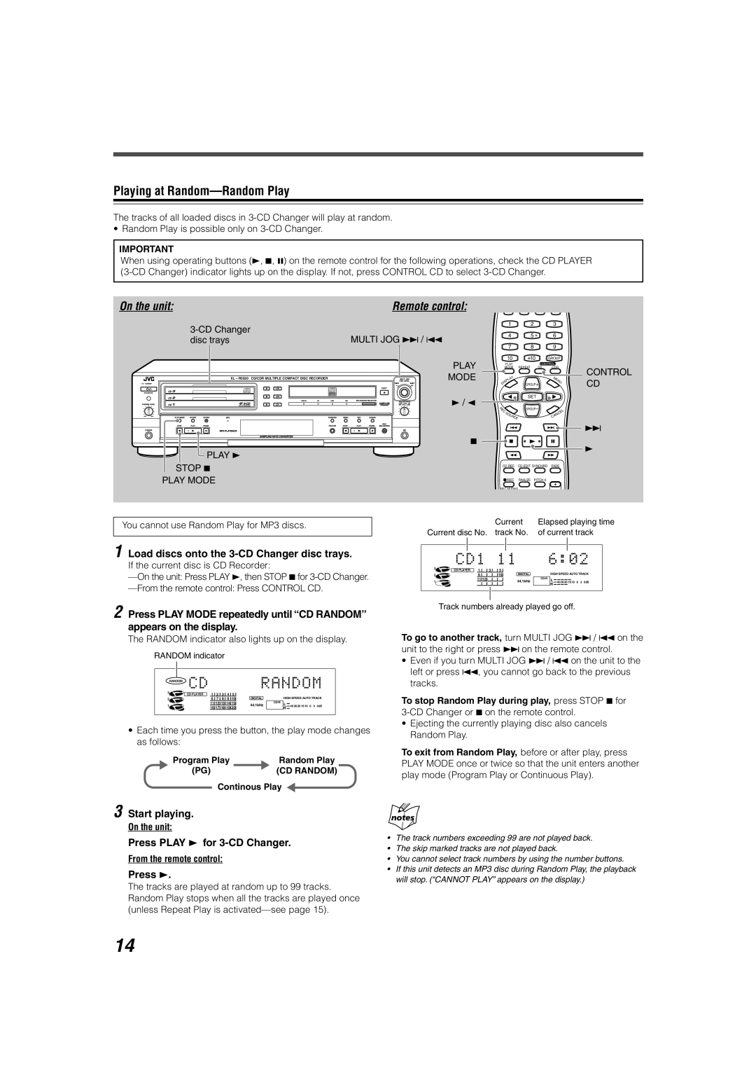 JVC XL-R5020BK manual Playing at Random-Random Play, CD Changer Multi JOG ¢ Disc trays, Play 3 Stop Play Mode, Control CD 