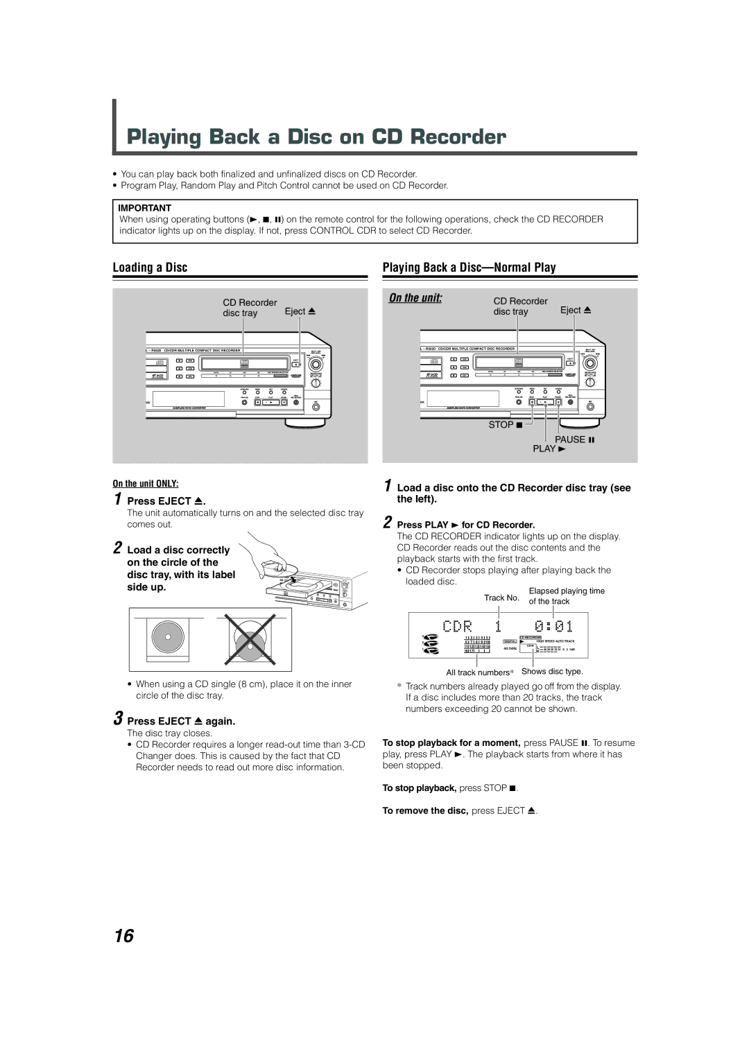 JVC XL-R5020BK manual Playing Back a Disc on CD Recorder, Loading a Disc Playing Back a Disc-Normal Play, Press Eject 