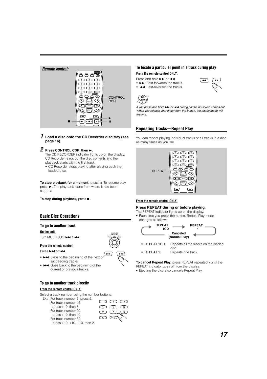 JVC XL-R5020BK manual Load a disc onto the CD Recorder disc tray see, Cdr, Press Control CDR, then 