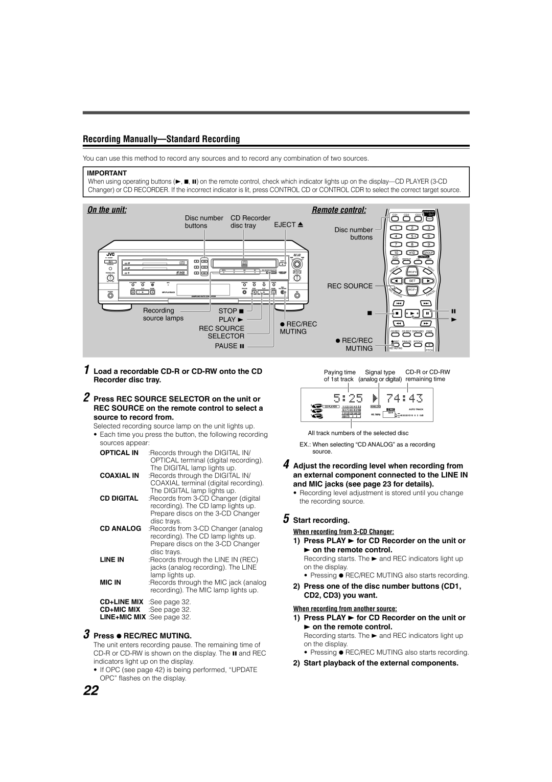 JVC XL-R5020BK manual Recording Manually-Standard Recording, Press ¶ REC/REC Muting, Start recording 