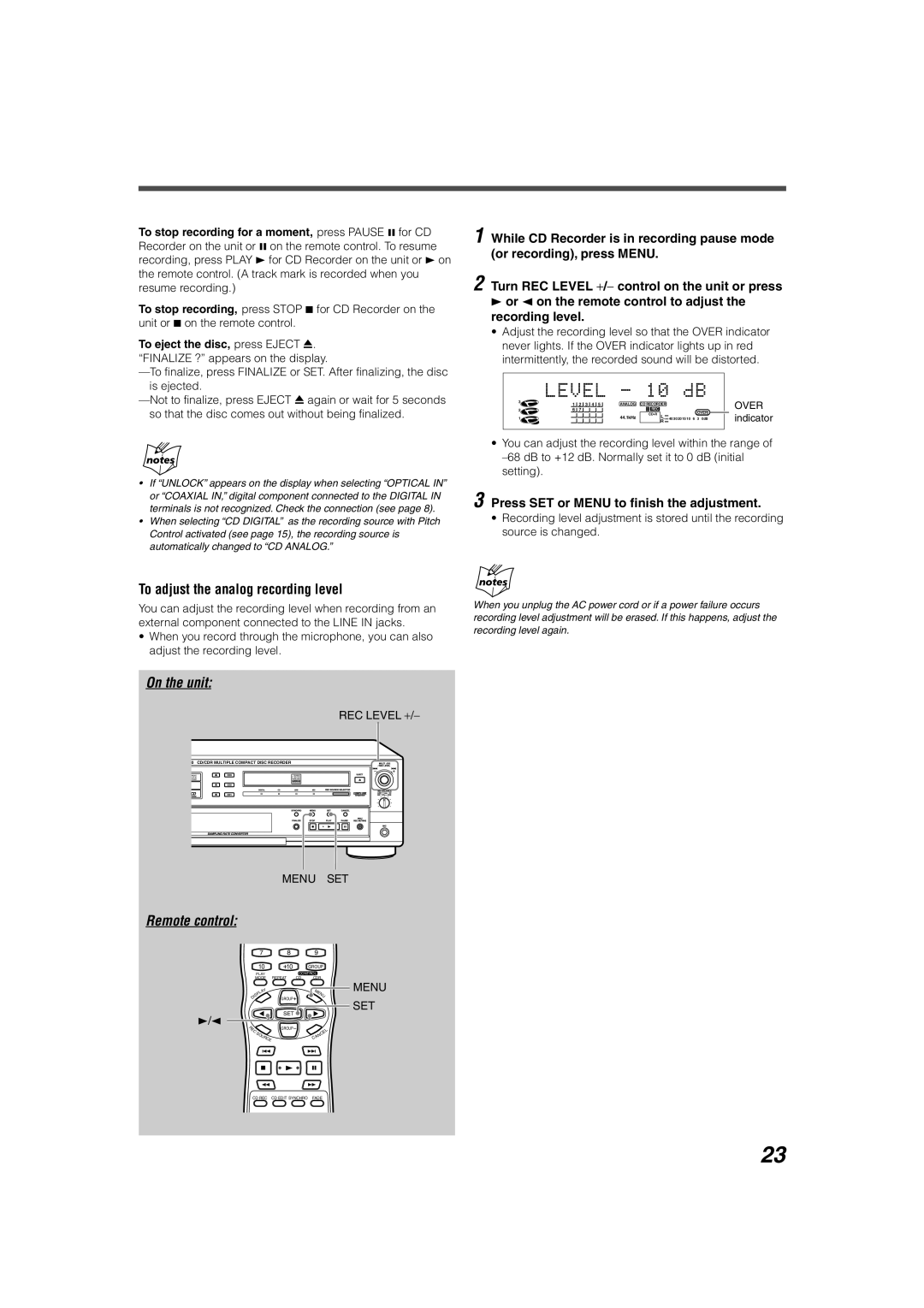 JVC XL-R5020BK To adjust the analog recording level, Press SET or Menu to finish the adjustment, REC Level +, Menu SET 