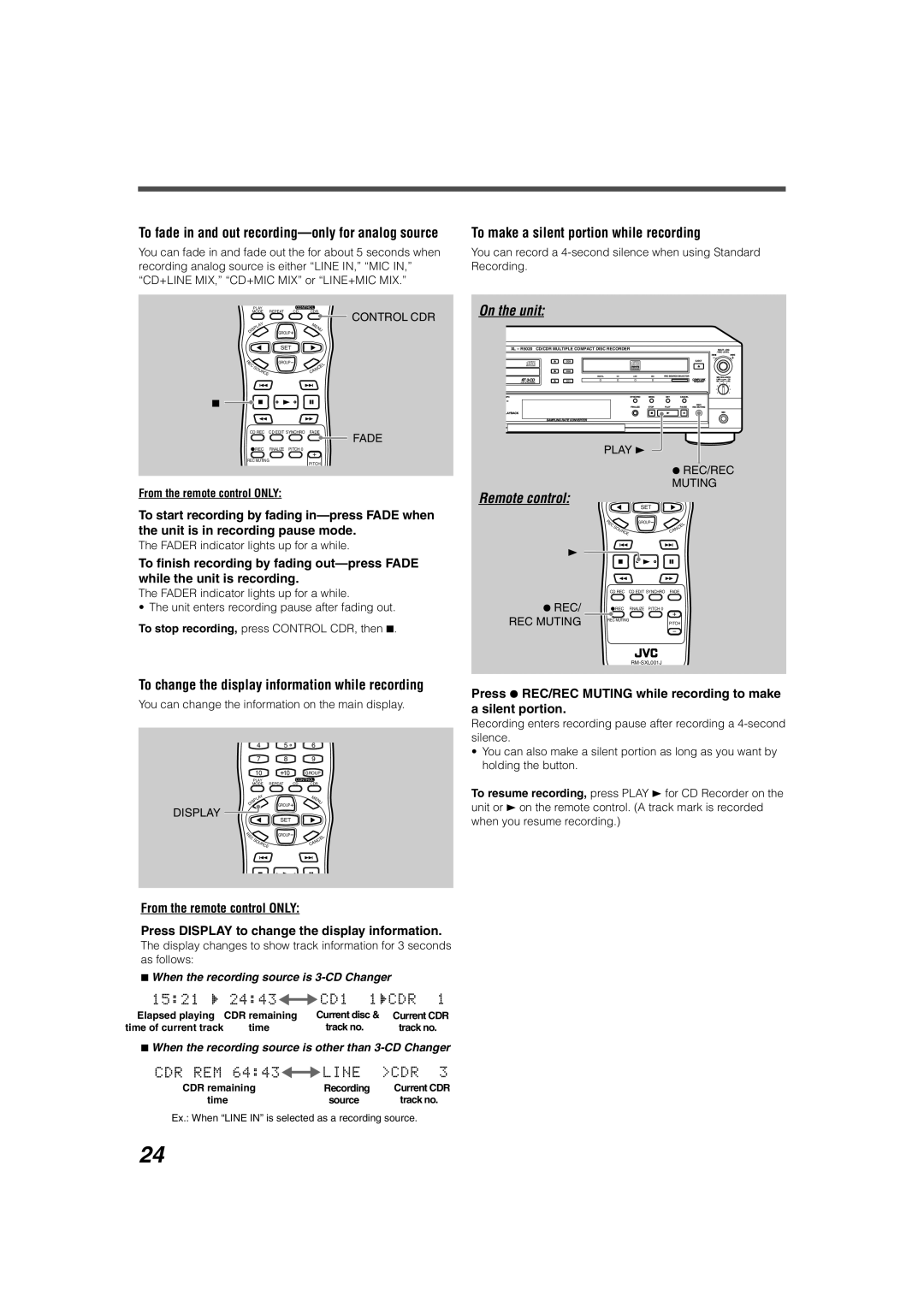 JVC XL-R5020BK manual To make a silent portion while recording, To fade in and out recording-only for analog source 