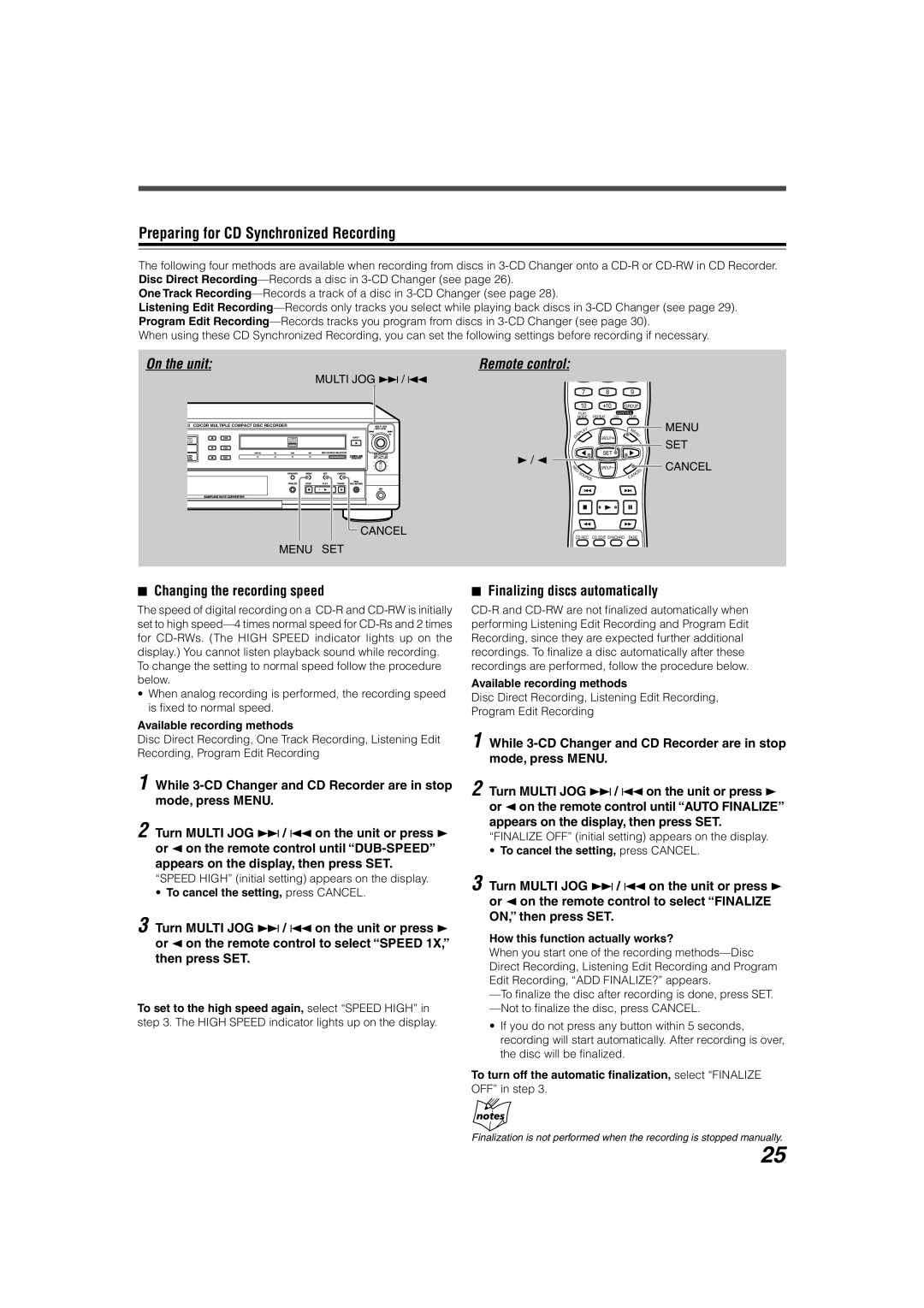 JVC XL-R5020BK manual Preparing for CD Synchronized Recording, Changing the recording speed, Finalizing discs automatically 