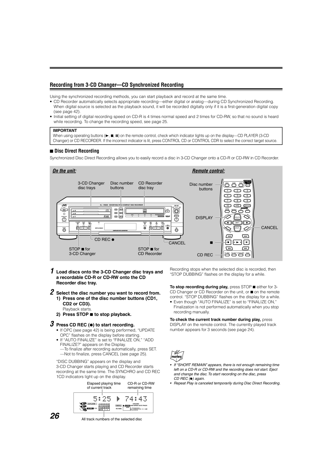 JVC XL-R5020BK manual Recording from 3-CD Changer-CD Synchronized Recording, Disc Direct Recording, CD REC ¶ Cancel 