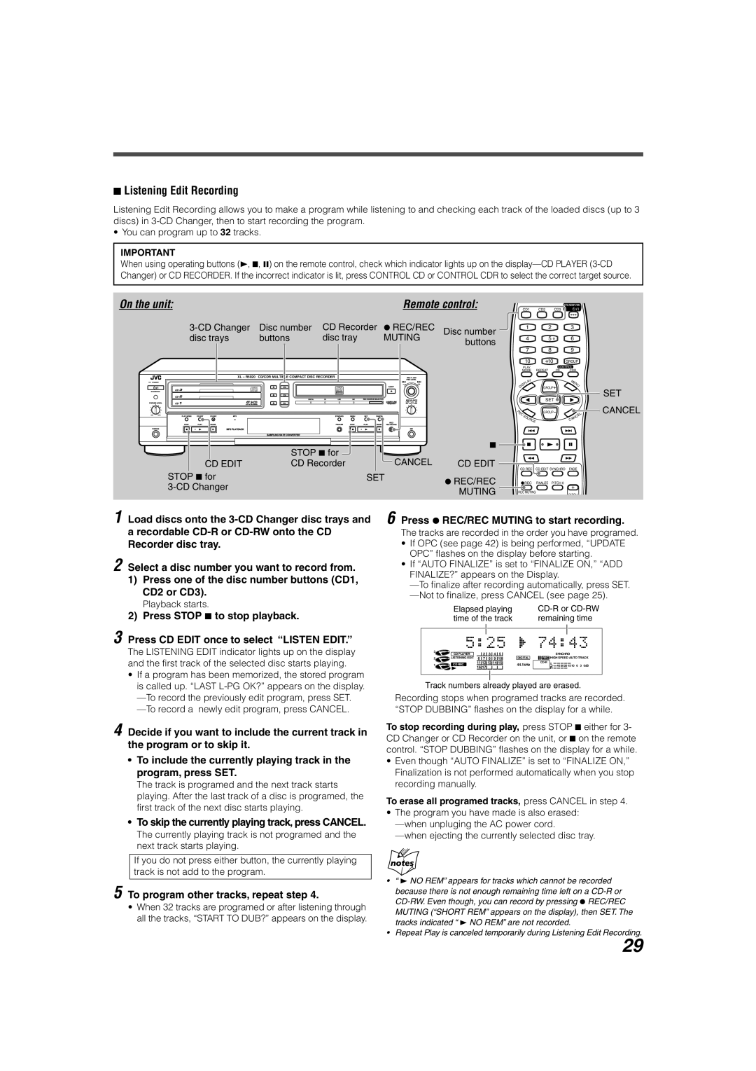 JVC XL-R5020BK manual Listening Edit Recording, To skip the currently playing track, press Cancel 