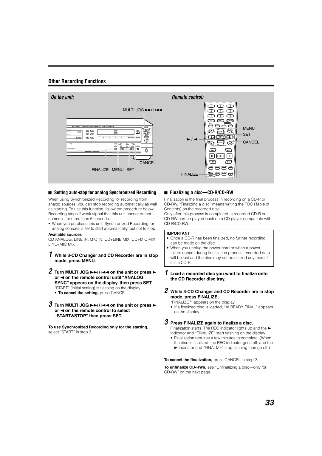 JVC XL-R5020BK manual Other Recording Functions, Finalizing a disc-CD-R/CD-RW, Press Finalize again to finalize a disc 