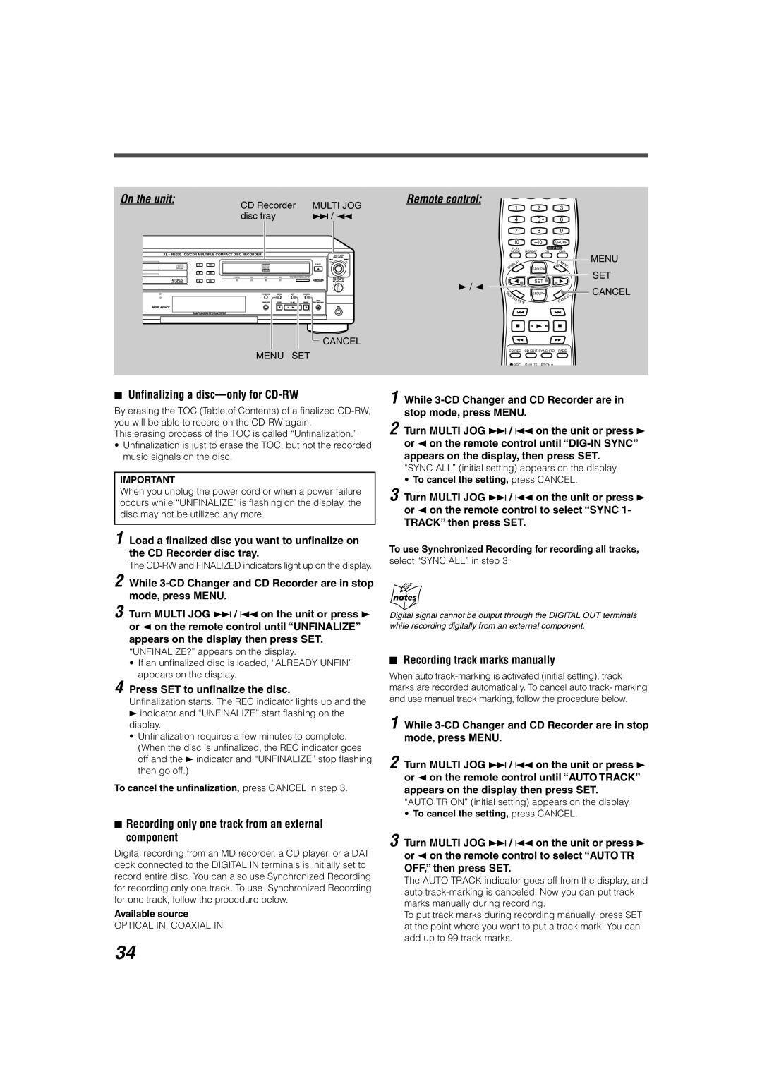 JVC XL-R5020BK Recording track marks manually, Sync ALL initial setting appears on the display, Select Sync ALL in step 