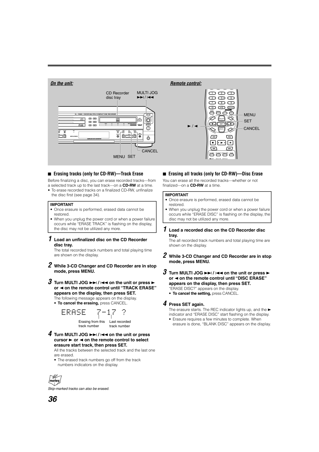 JVC XL-R5020BK Erasing tracks only for CD-RW-Track Erase, Erasing all tracks only for CD-RW-Disc Erase, Press SET again 