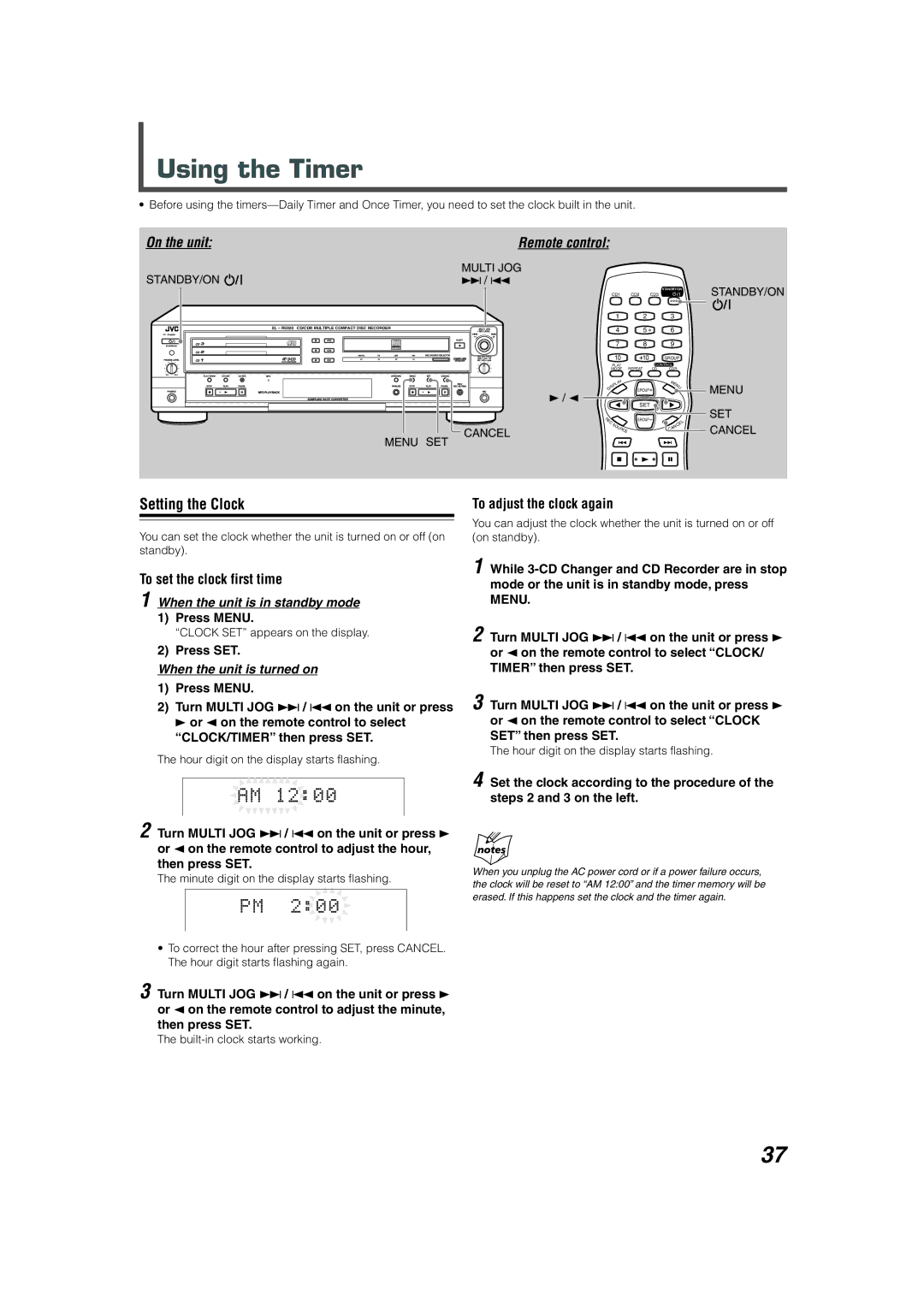 JVC XL-R5020BK Using the Timer, Setting the Clock, To set the clock first time, Press Menu, To adjust the clock again 