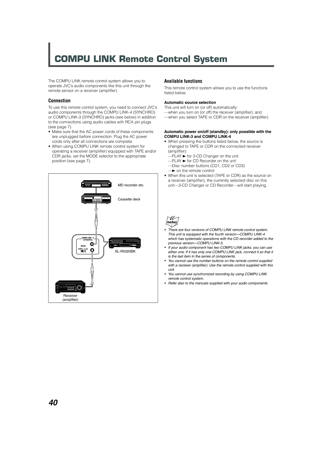 JVC XL-R5020BK manual Compu Link Remote Control System, Connection, Available functions, Automatic source selection 