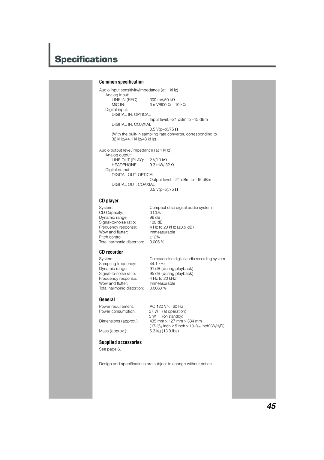 JVC XL-R5020BK manual Specifications 