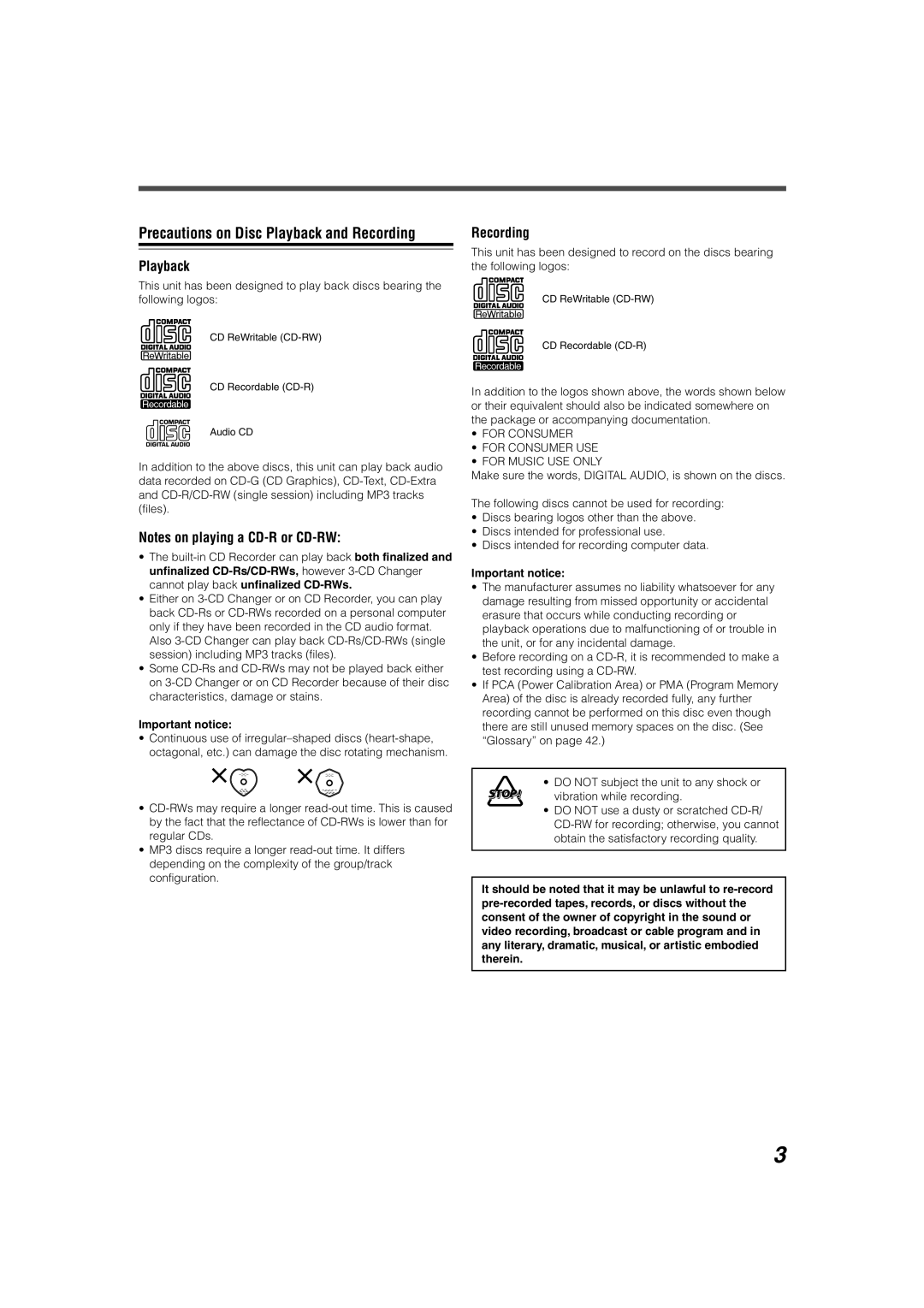 JVC XL-R5020BK manual Precautions on Disc Playback and Recording, Important notice 