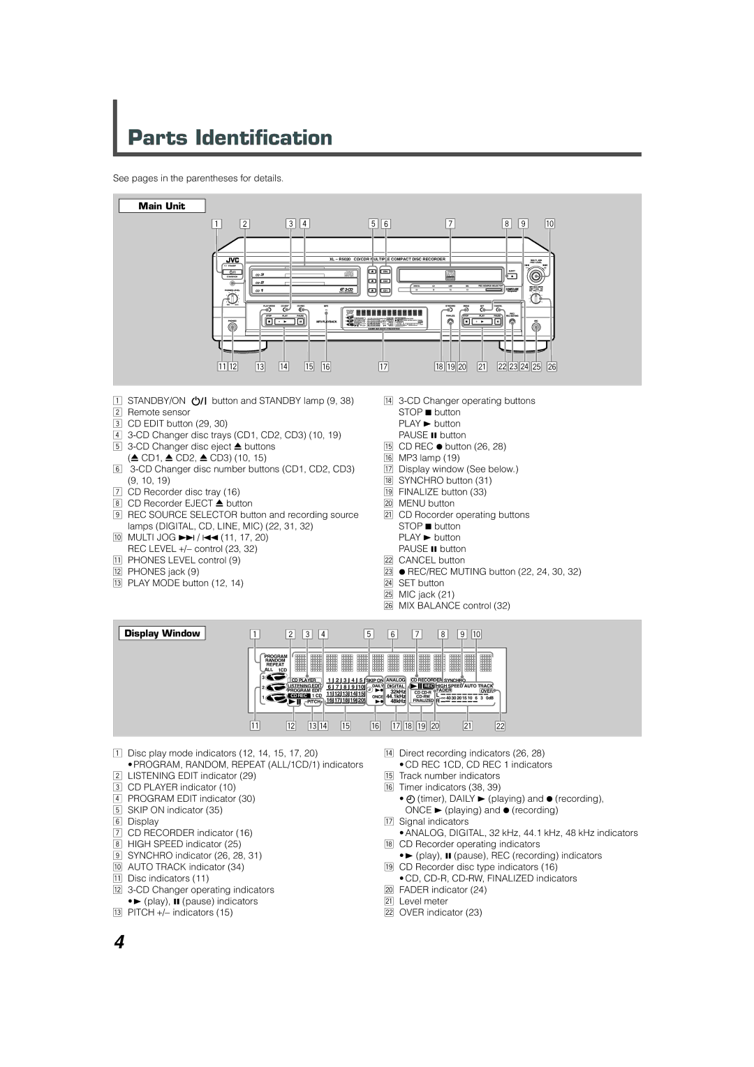 JVC XL-R5020BK manual Parts Identification, See pages in the parentheses for details, Standby/On 